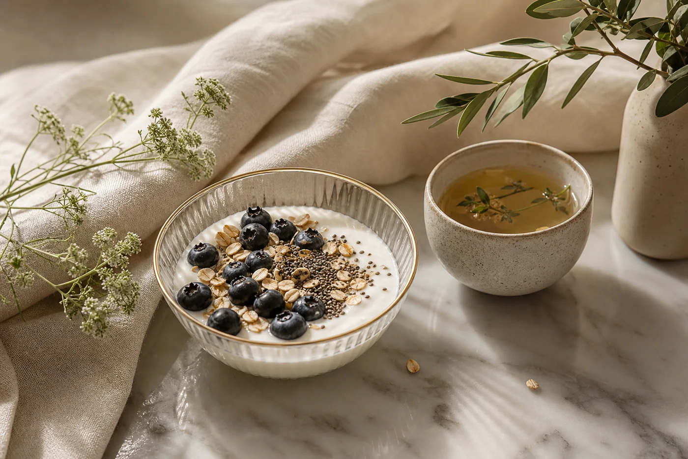Yogurt bowl with blueberries oats and chia