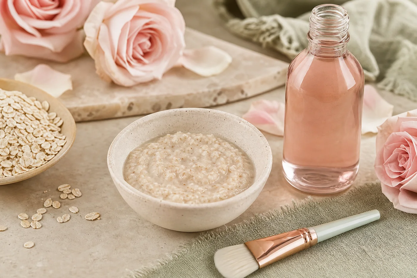 Rose water oat face mask in bowl with roses and mask brush