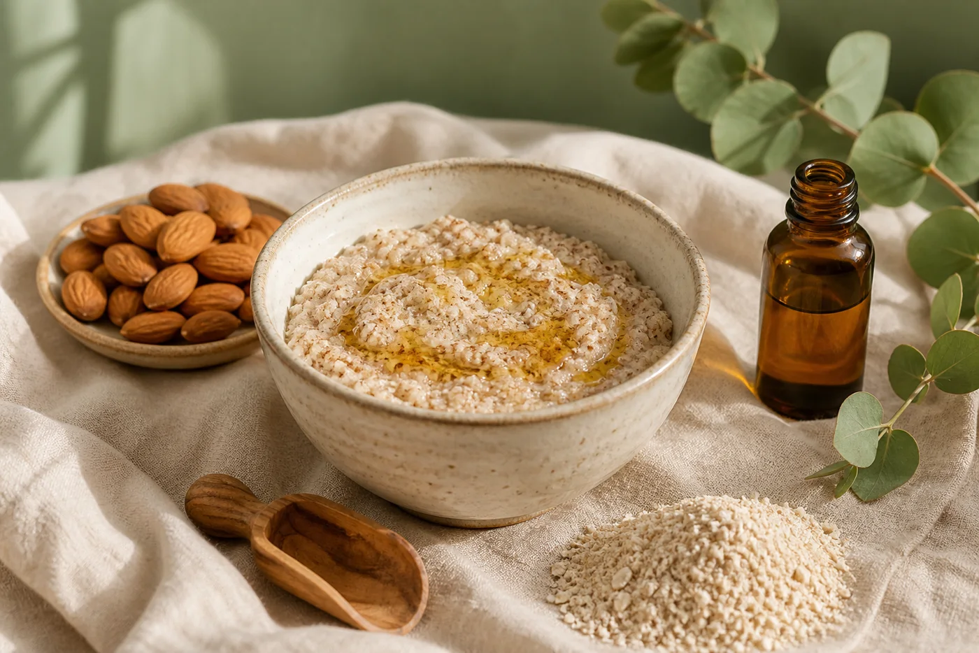Almond oat and jojoba soft body polish in a ceramic bowl