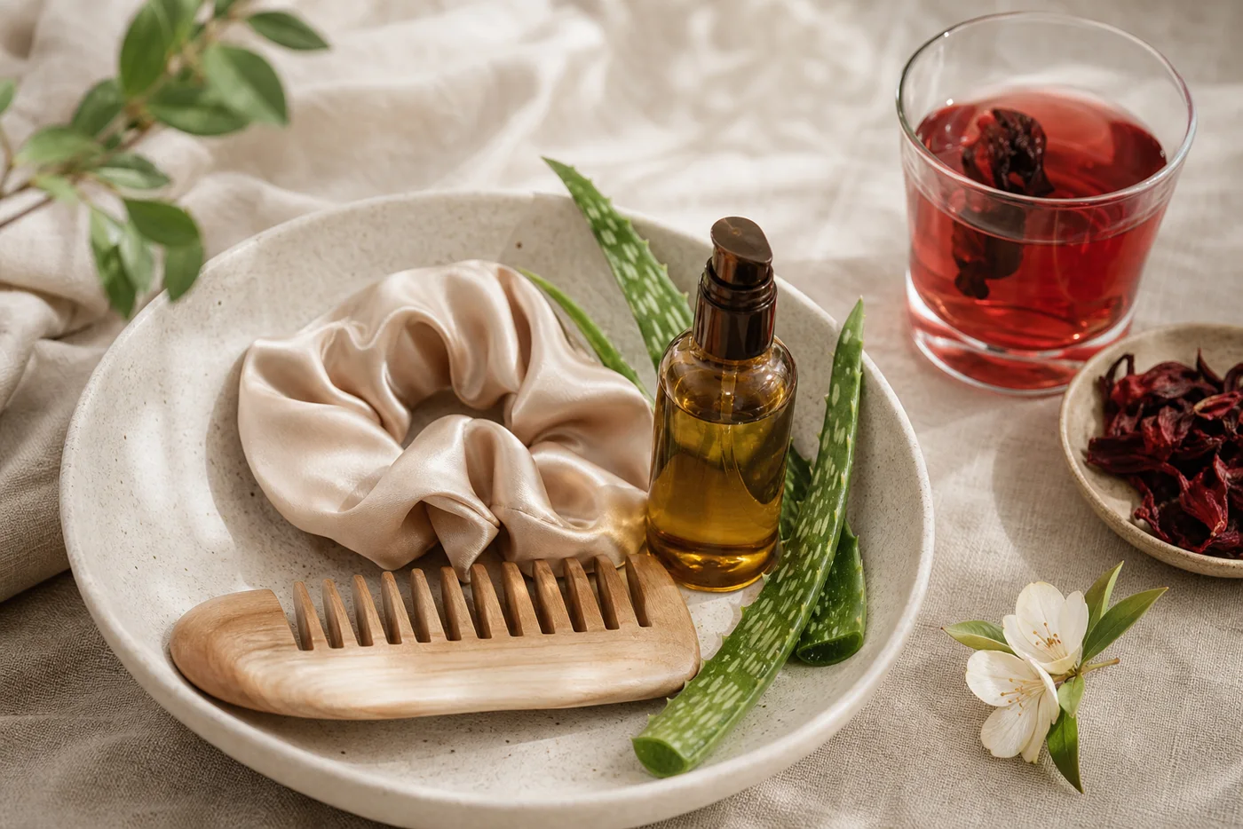 Wide-tooth comb satin scrunchie aloe and unlabelled hair oil on beige linen