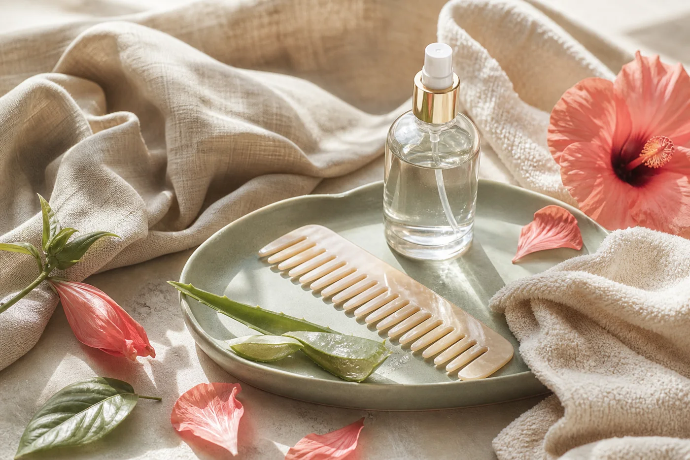 Hair mist comb aloe and soft towel on a sage tray