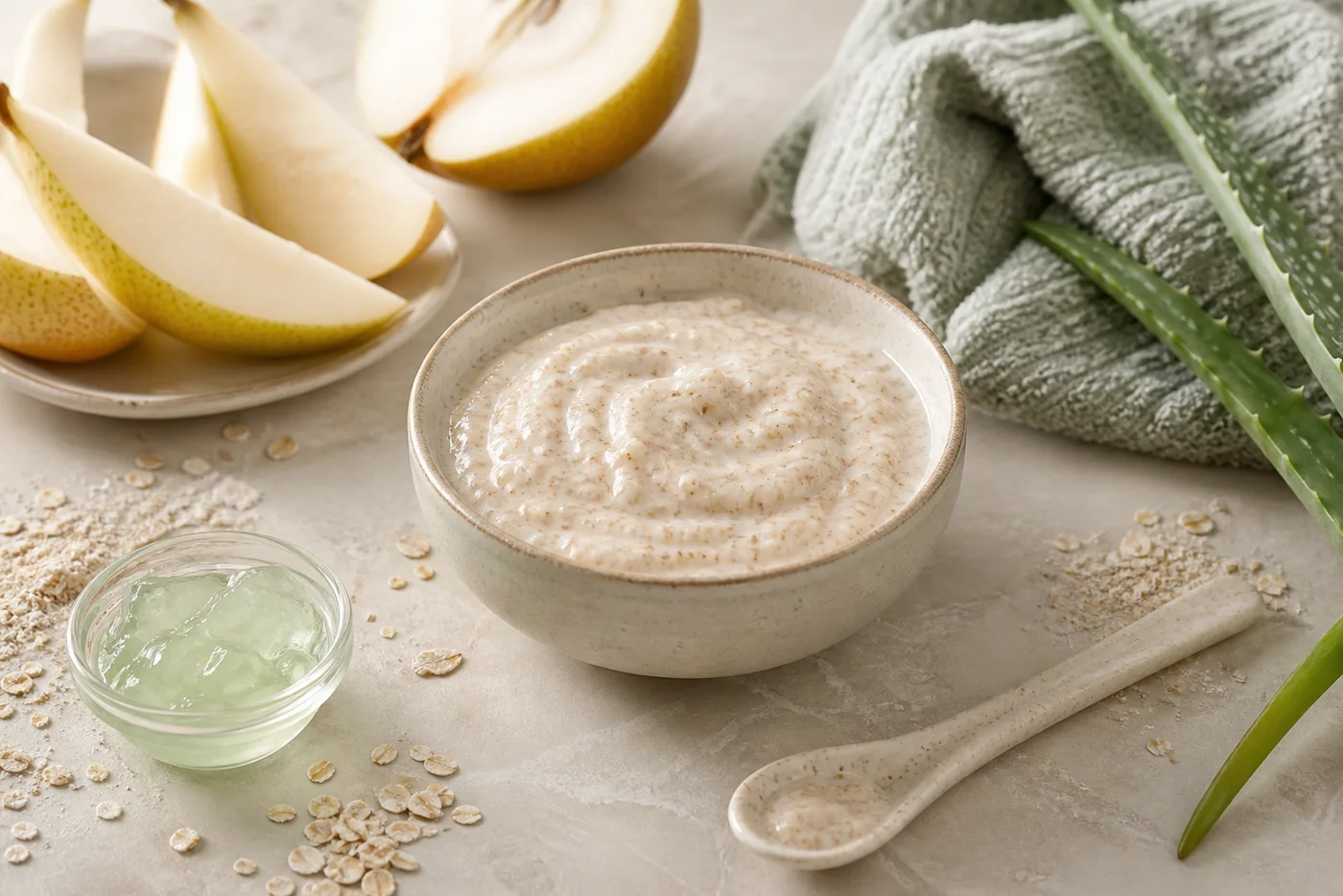 Pear oat and aloe soft comfort face mask in a ceramic bowl
