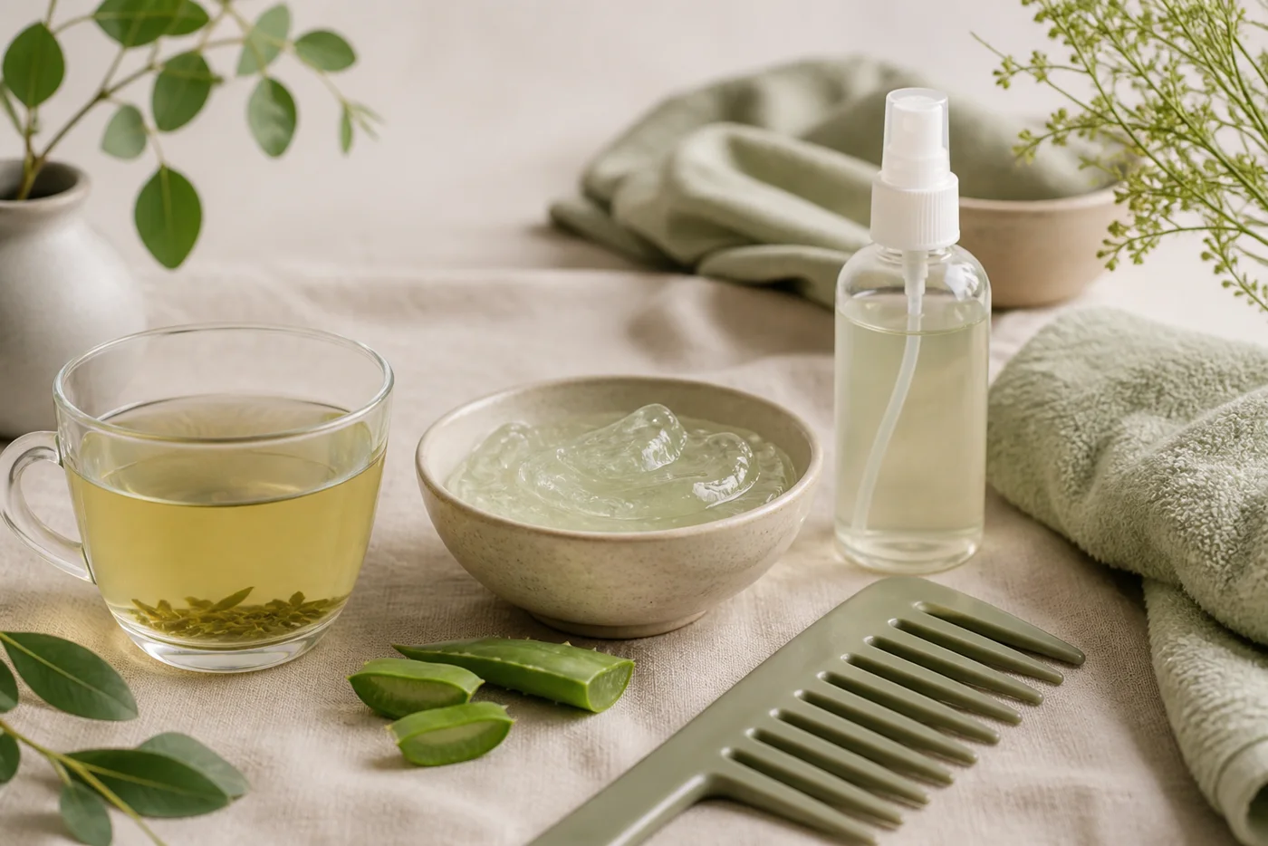 Green tea aloe rinse with spray bottle and wide tooth comb on beige linen