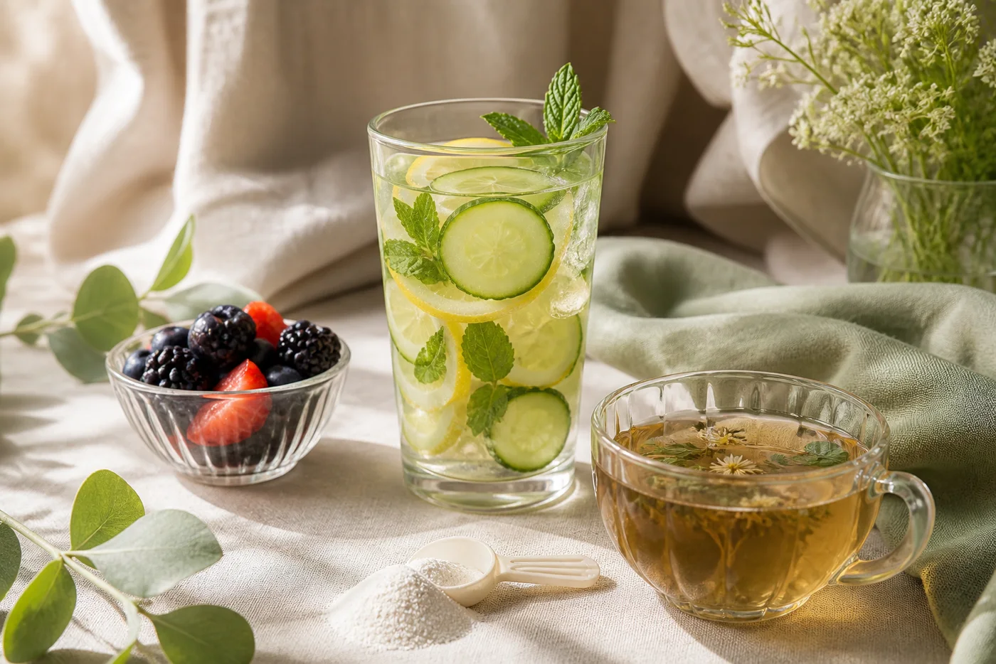 Cucumber mint water berries tea and collagen scoop on beige linen