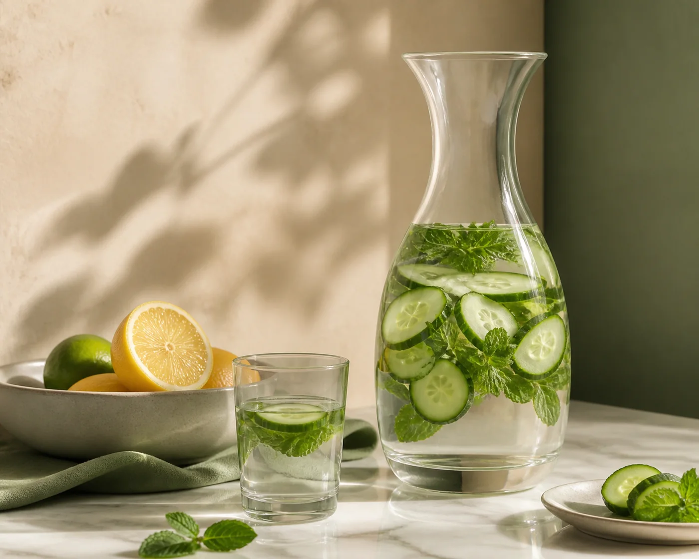 Carafe of cucumber mint water with lemon and a small glass