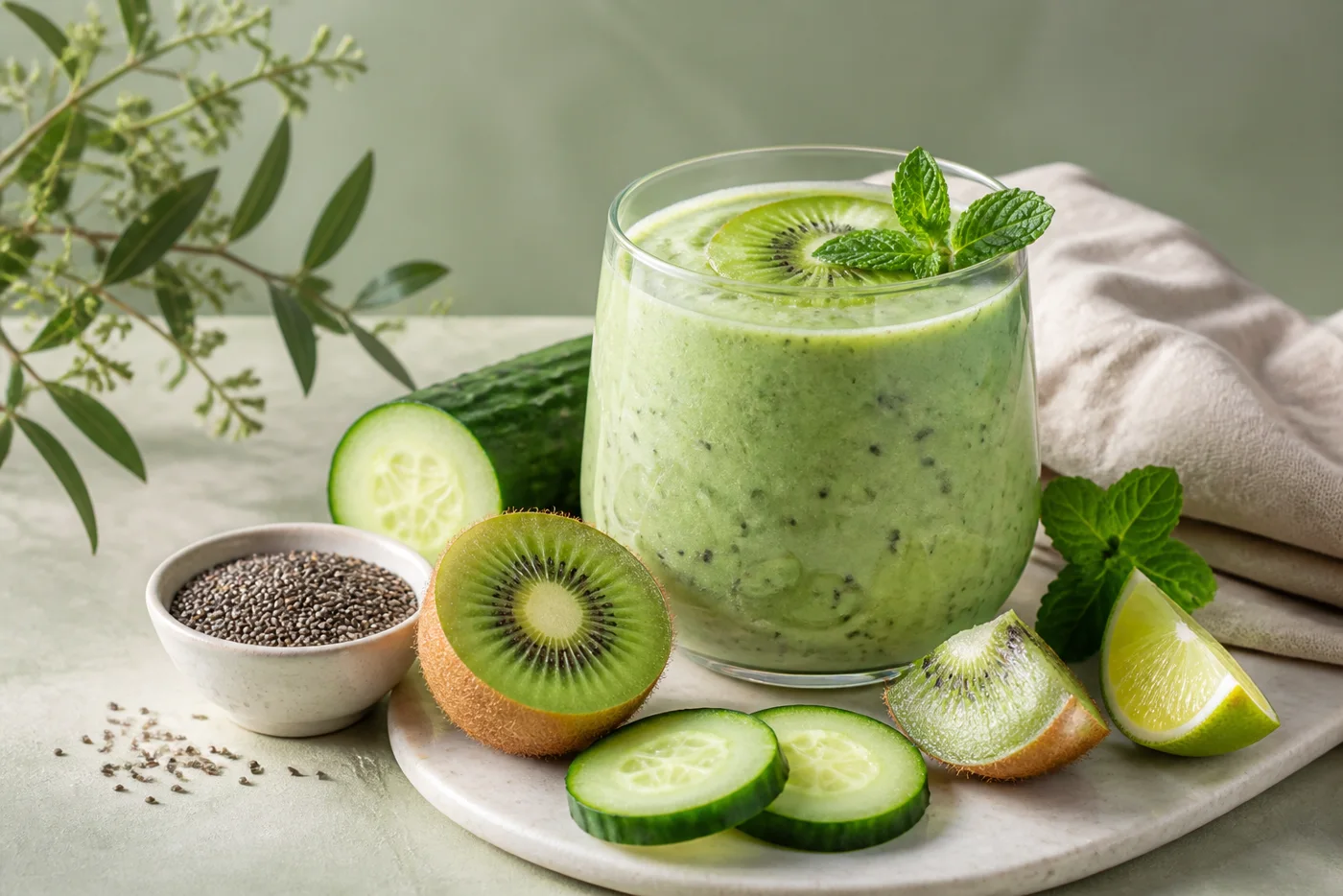 Kiwi cucumber chia smoothie with mint and lime on sage background