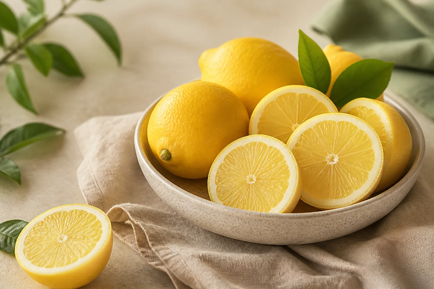 Fresh lemons and lemon slices in a ceramic bowl