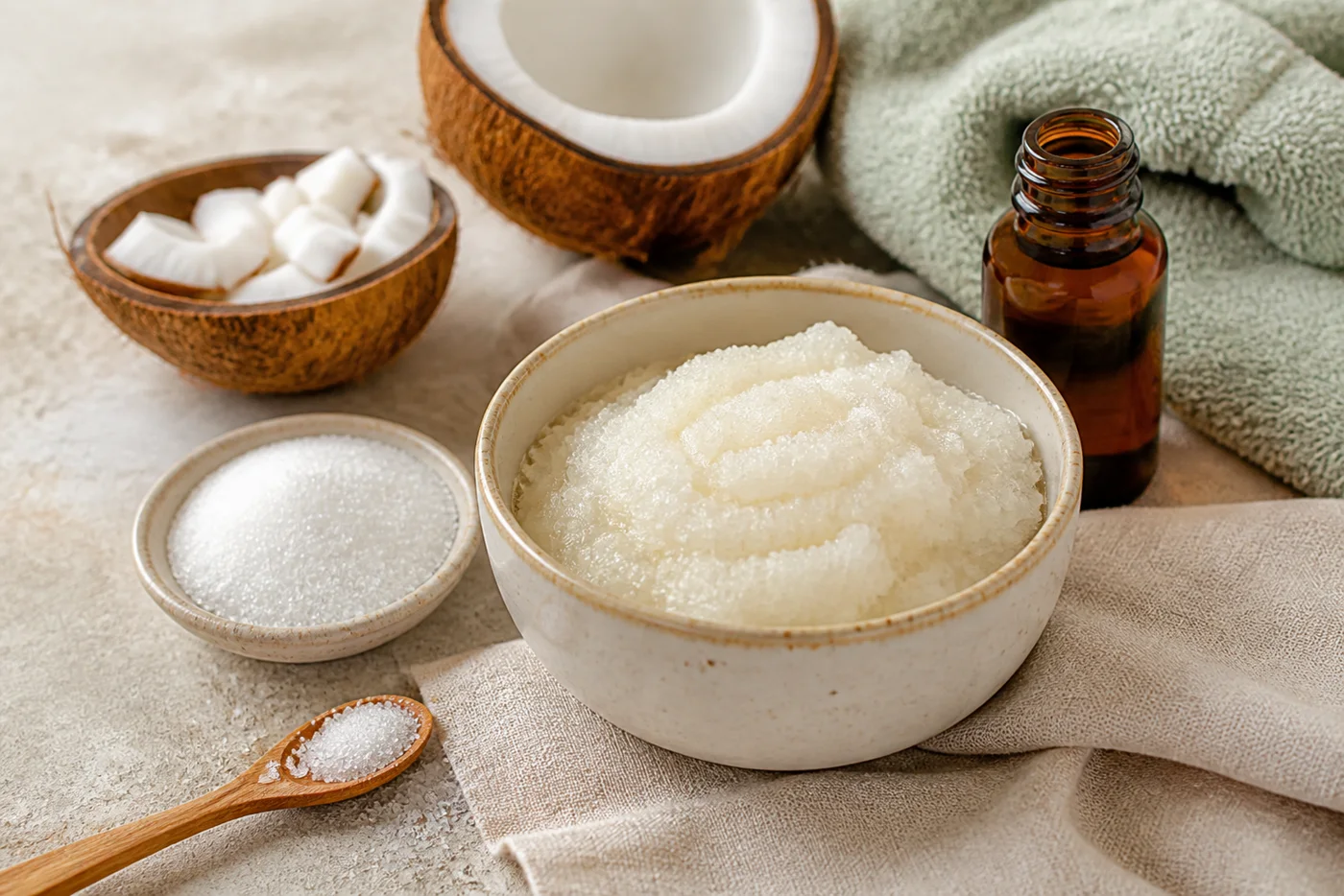 Coconut milk sugar body polish in ceramic bowl with jojoba oil and towel