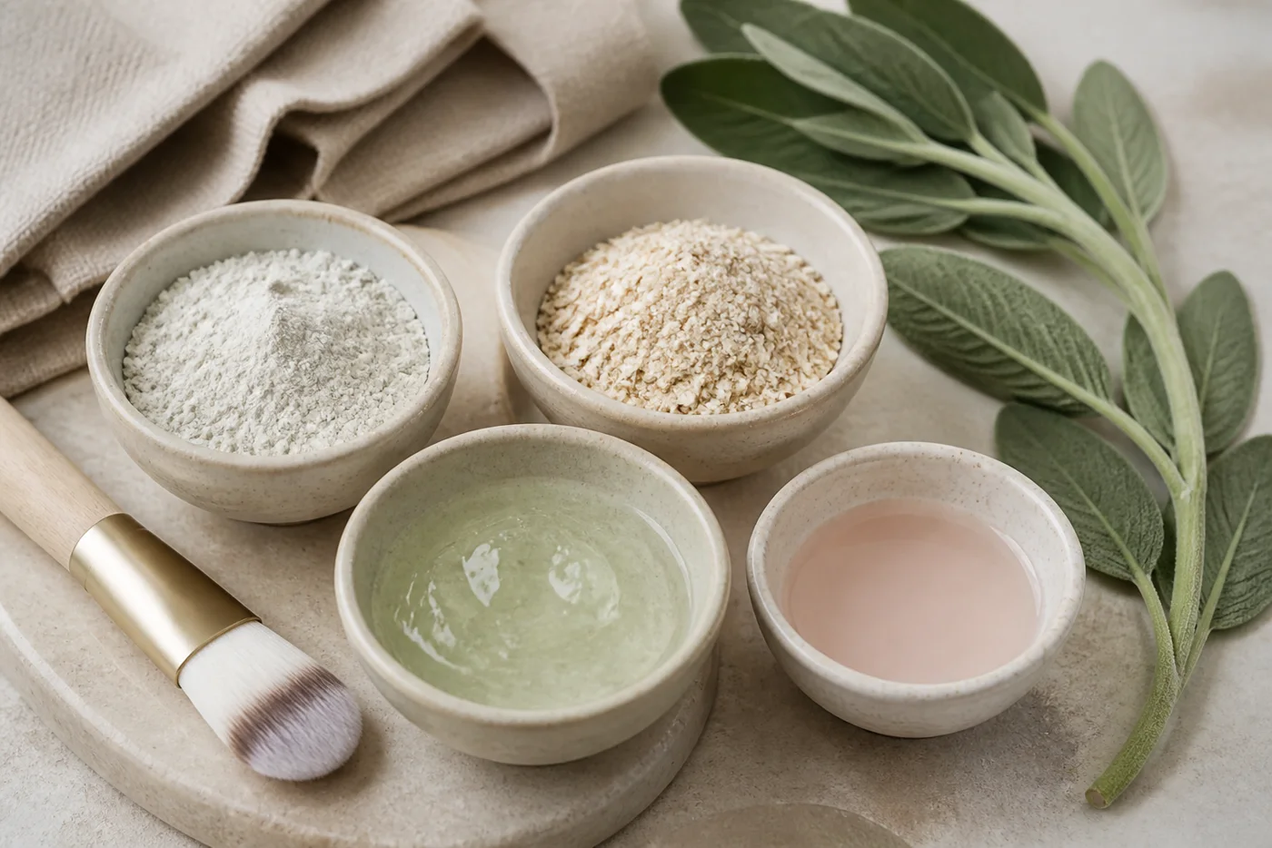 Ceramic bowls with kaolin clay oats aloe gel rose water and mask brush
