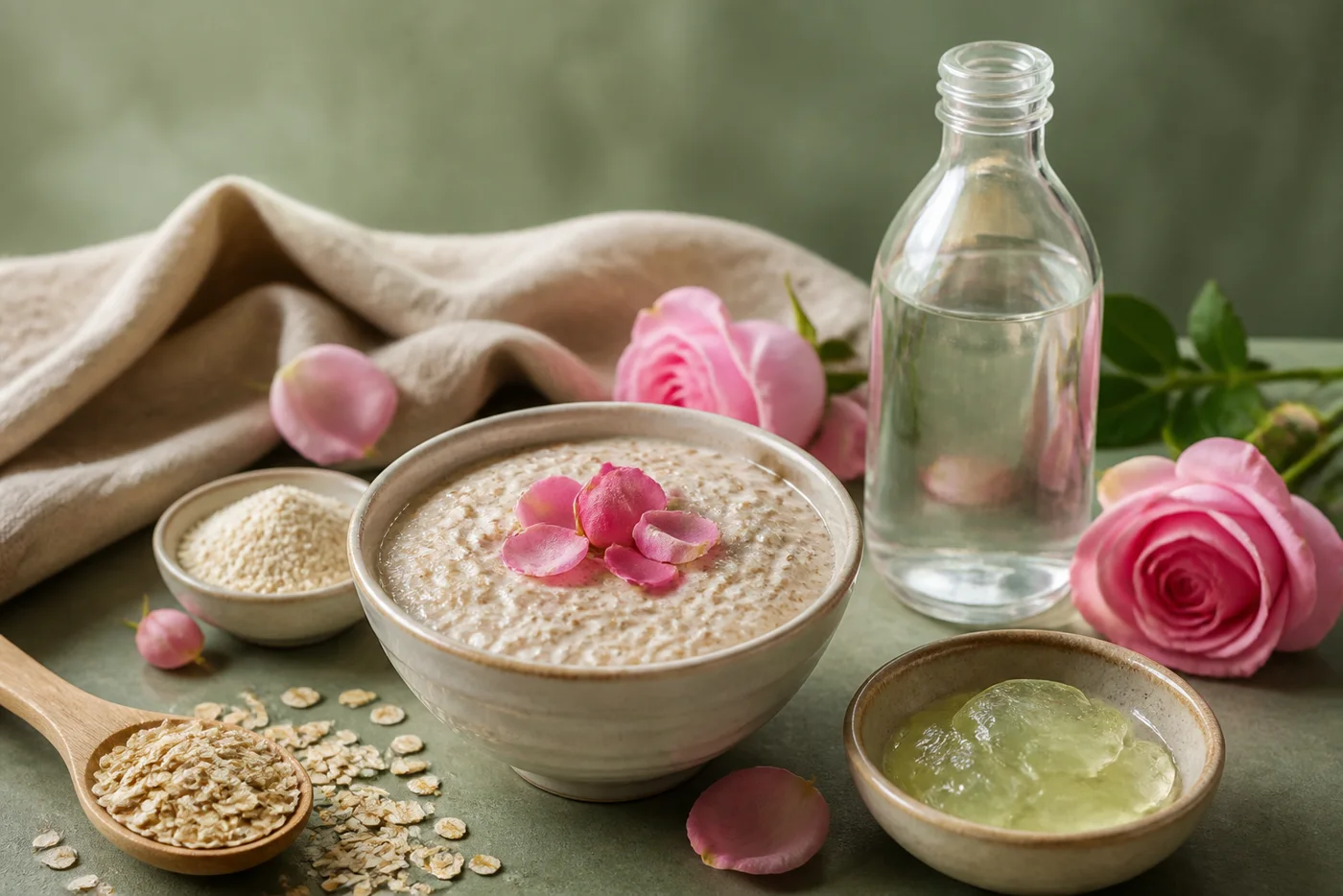Rose water oat face mask with aloe gel and petals on sage background