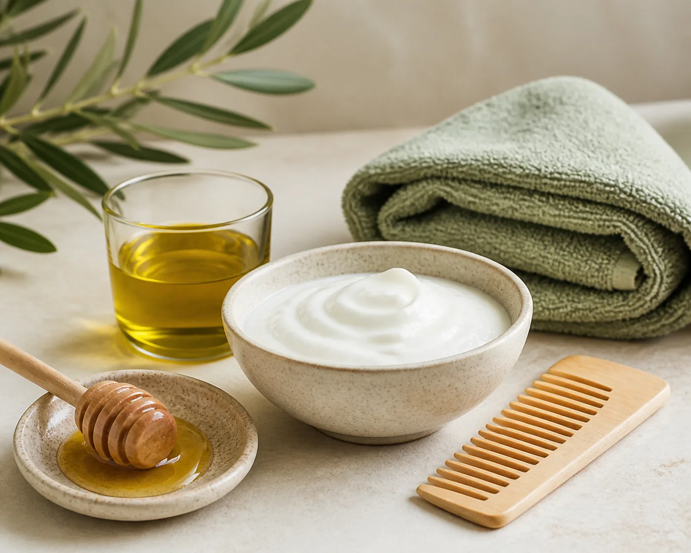Honey olive oil and yogurt hair mask with comb and towel