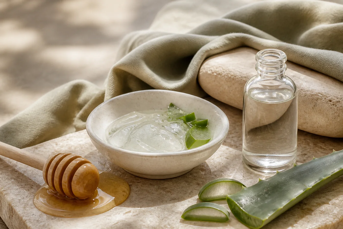 Honey aloe vera gel and glycerin bottle arranged on beige stone