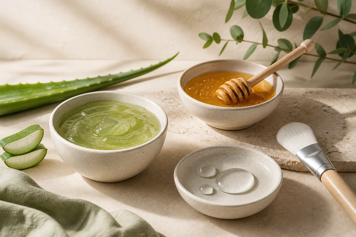 Aloe gel honey glycerin drops and mask brush in ceramic bowls