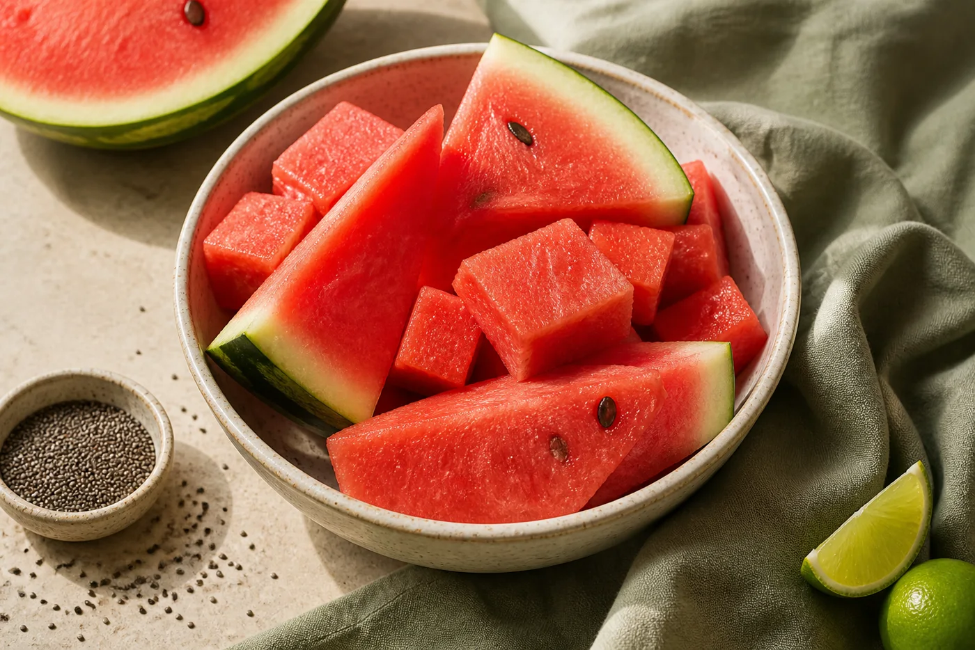 Fresh watermelon slices and cubes in a ceramic bowl on sage linen
