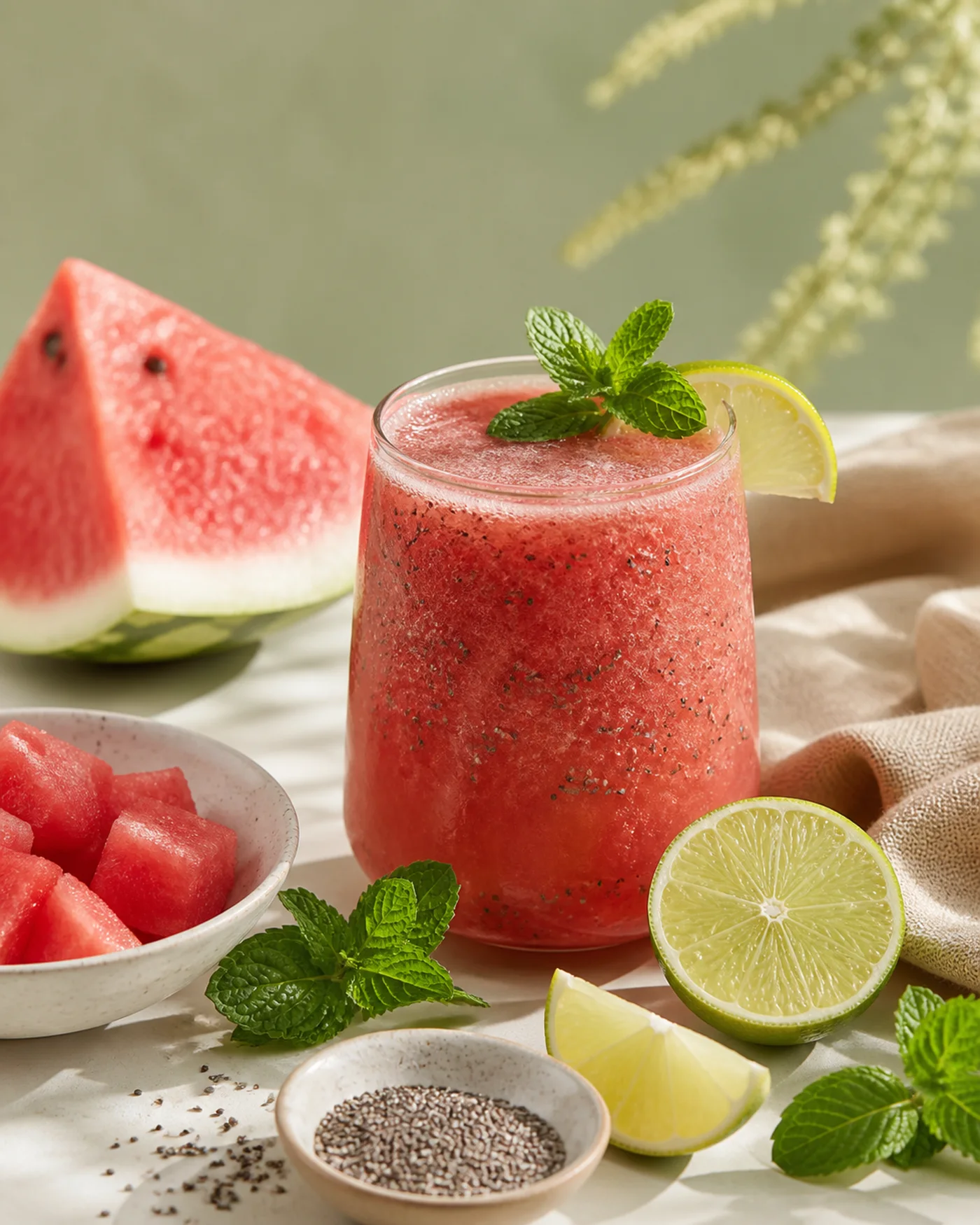 Watermelon lime chia smoothie with mint and fresh watermelon
