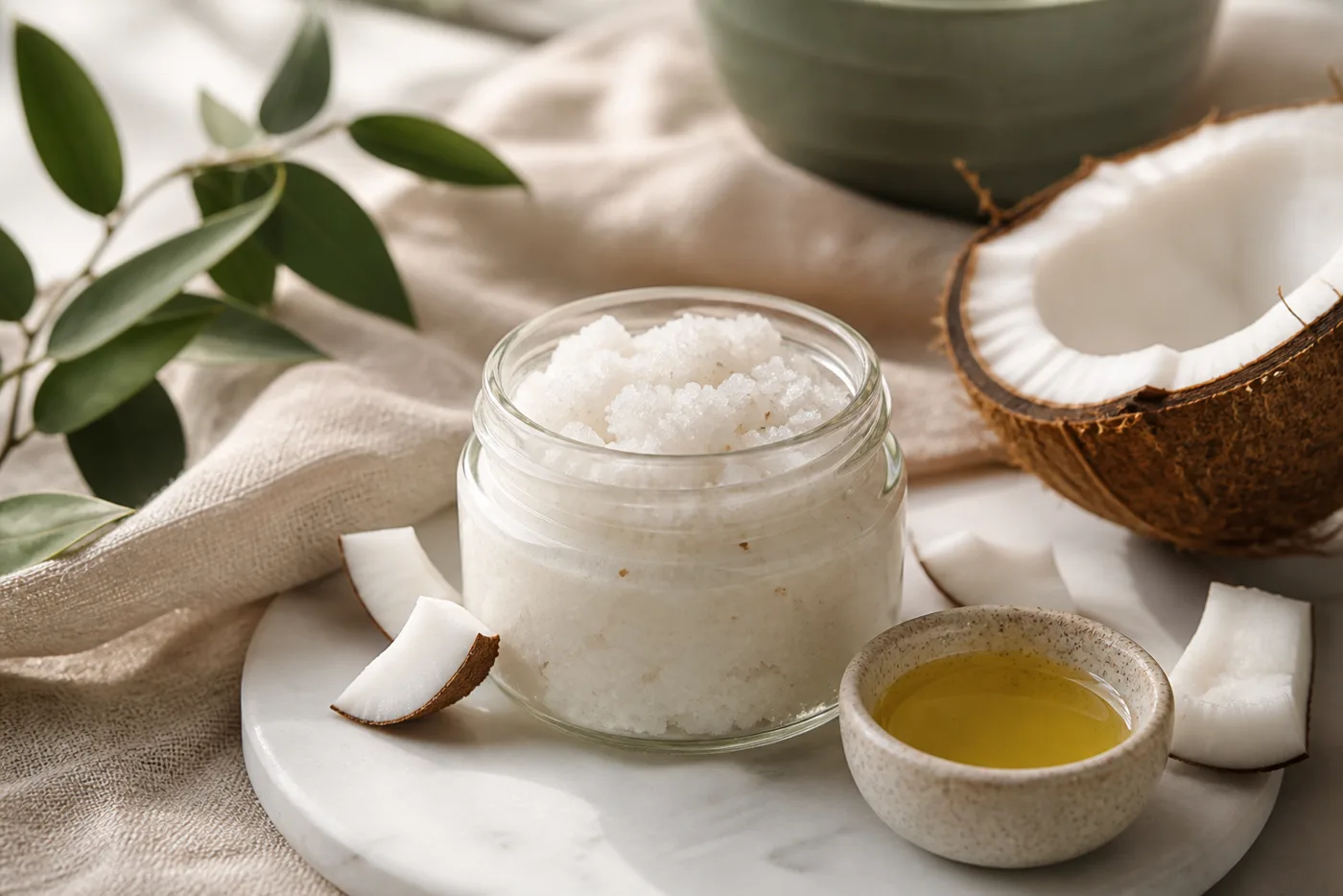 Coconut milk sugar body polish in a glass jar with coconut pieces and oil