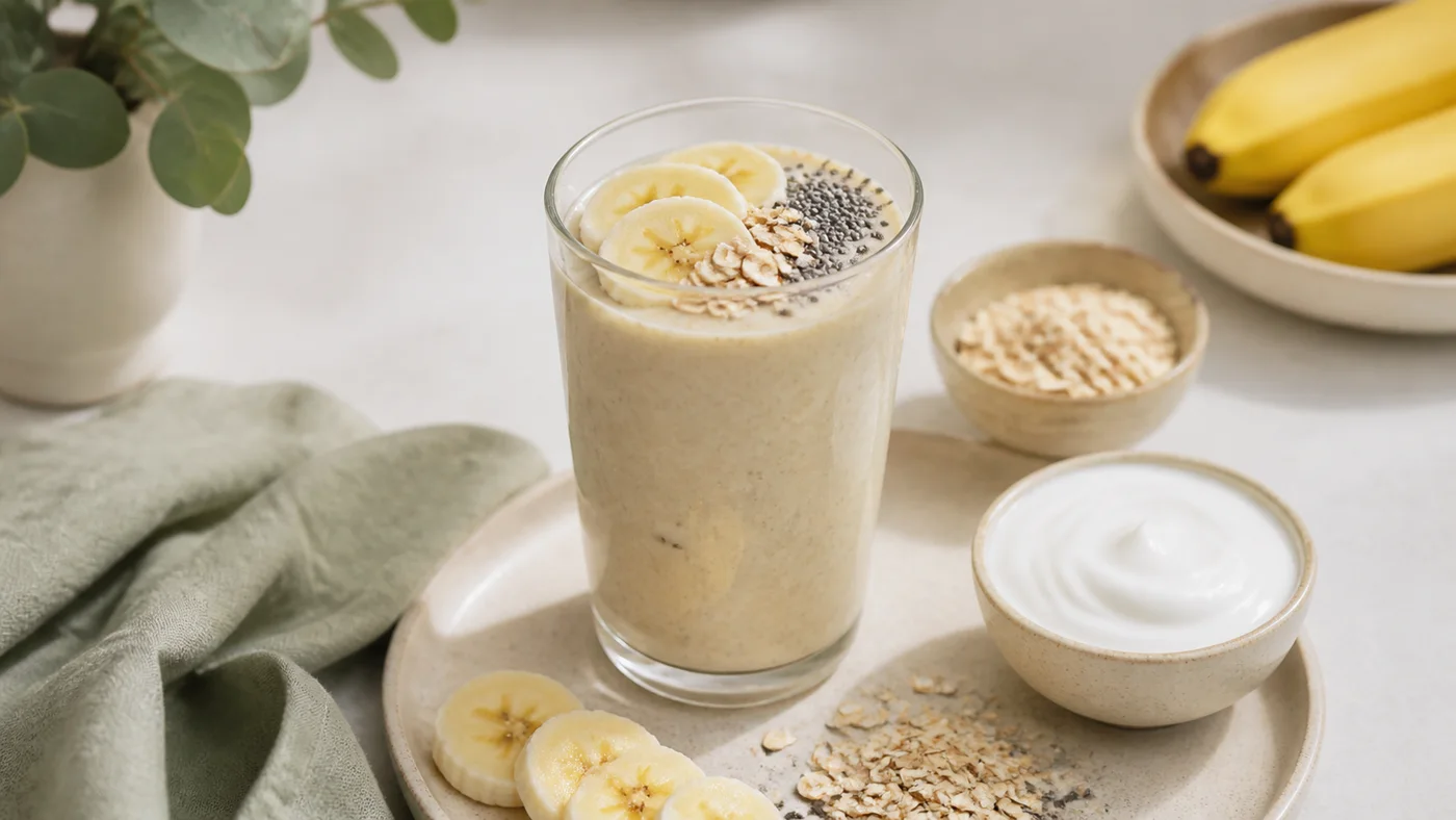 Banana oat smoothie with chia seeds and yogurt on a beige tray