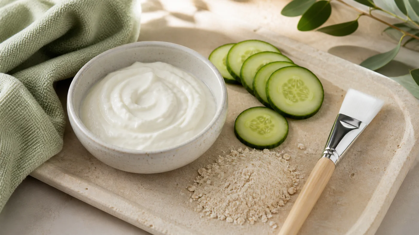 Plain yogurt cucumber slices and oat flour for a cooling DIY face mask