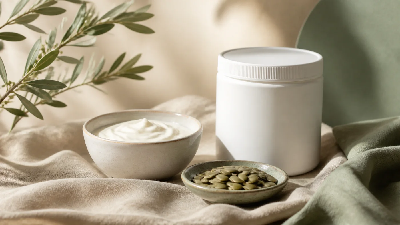 Greek yogurt pumpkin seeds and an unlabelled protein jar on beige linen