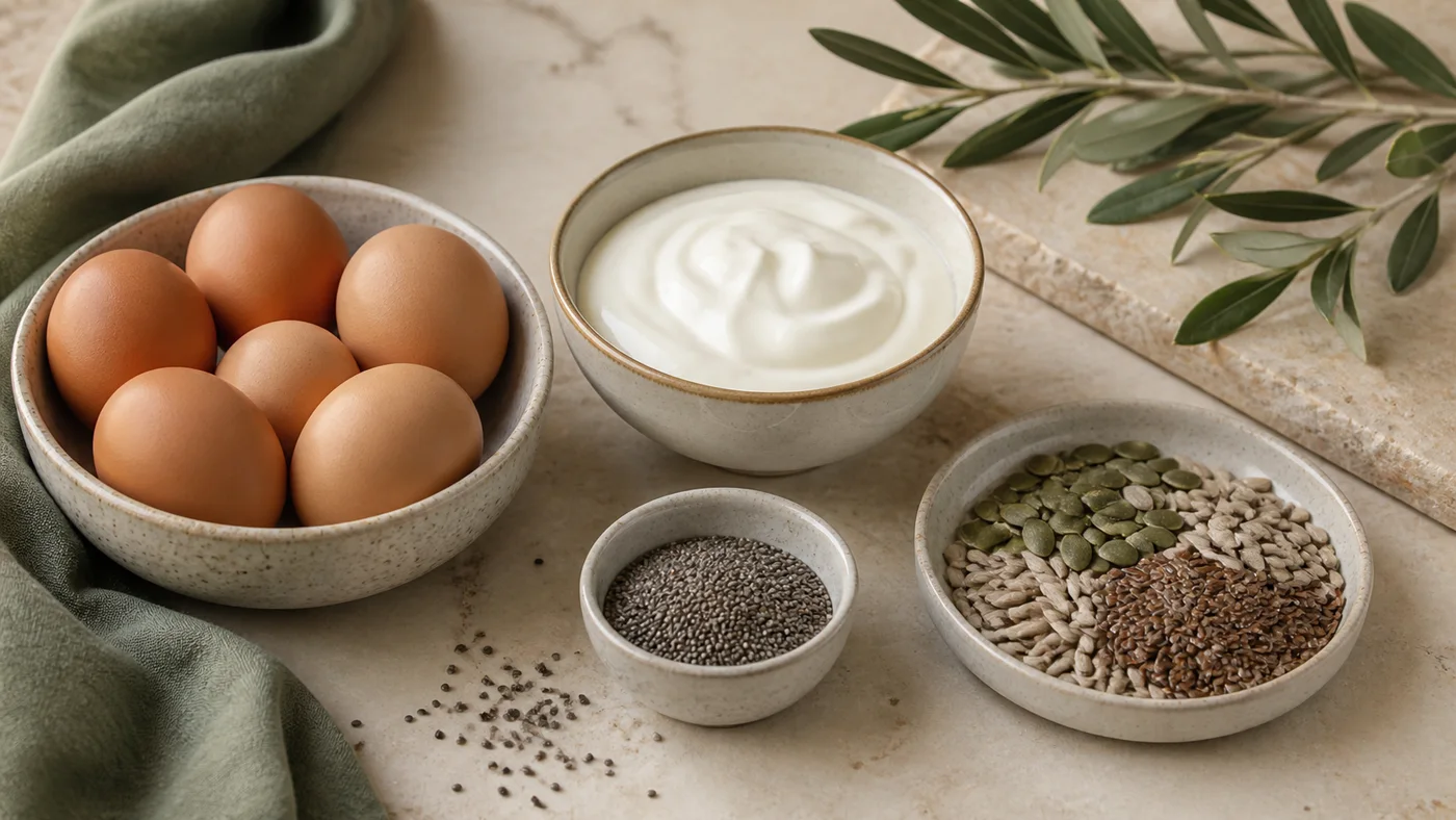 Eggs yogurt chia seeds and pumpkin seeds arranged as protein-rich beauty foods