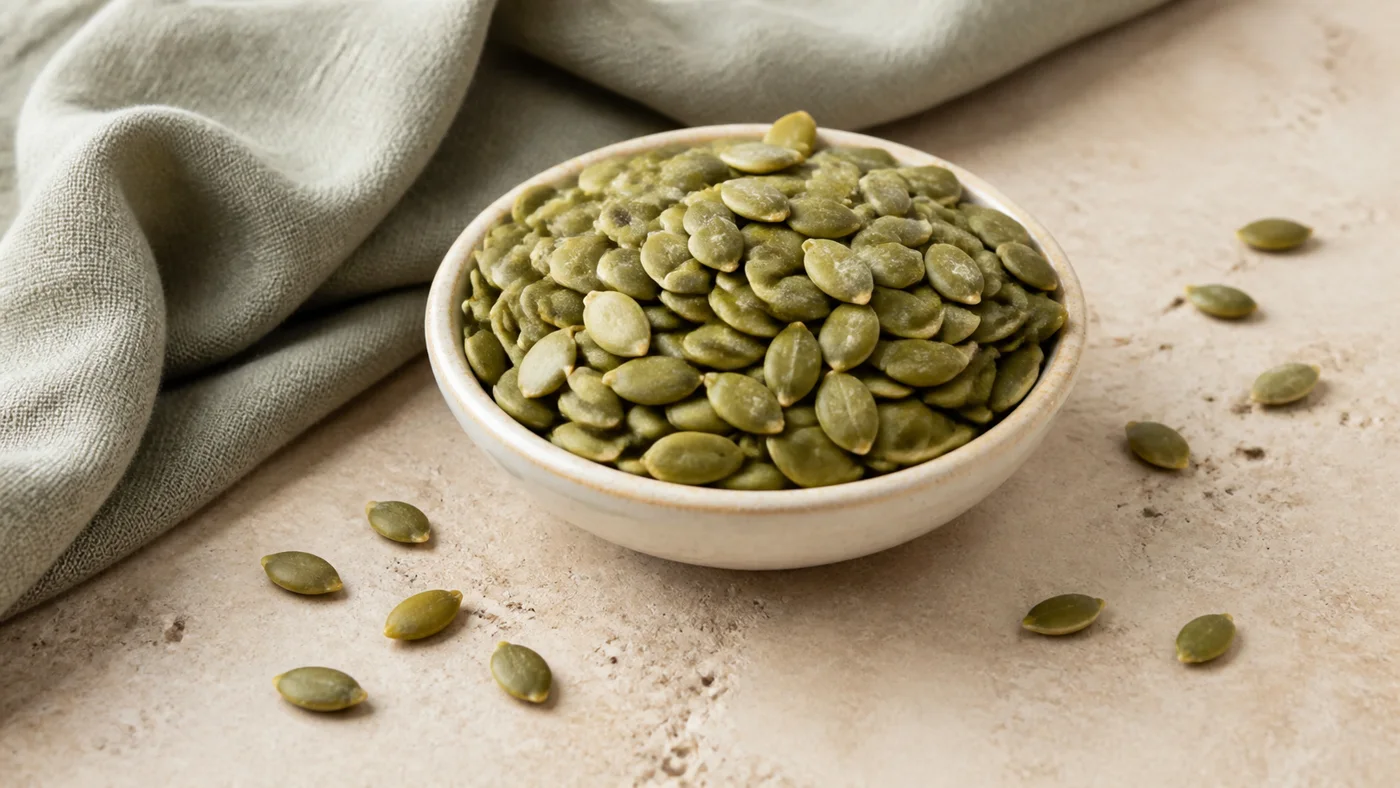 Pumpkin seeds in a ceramic bowl on beige stone