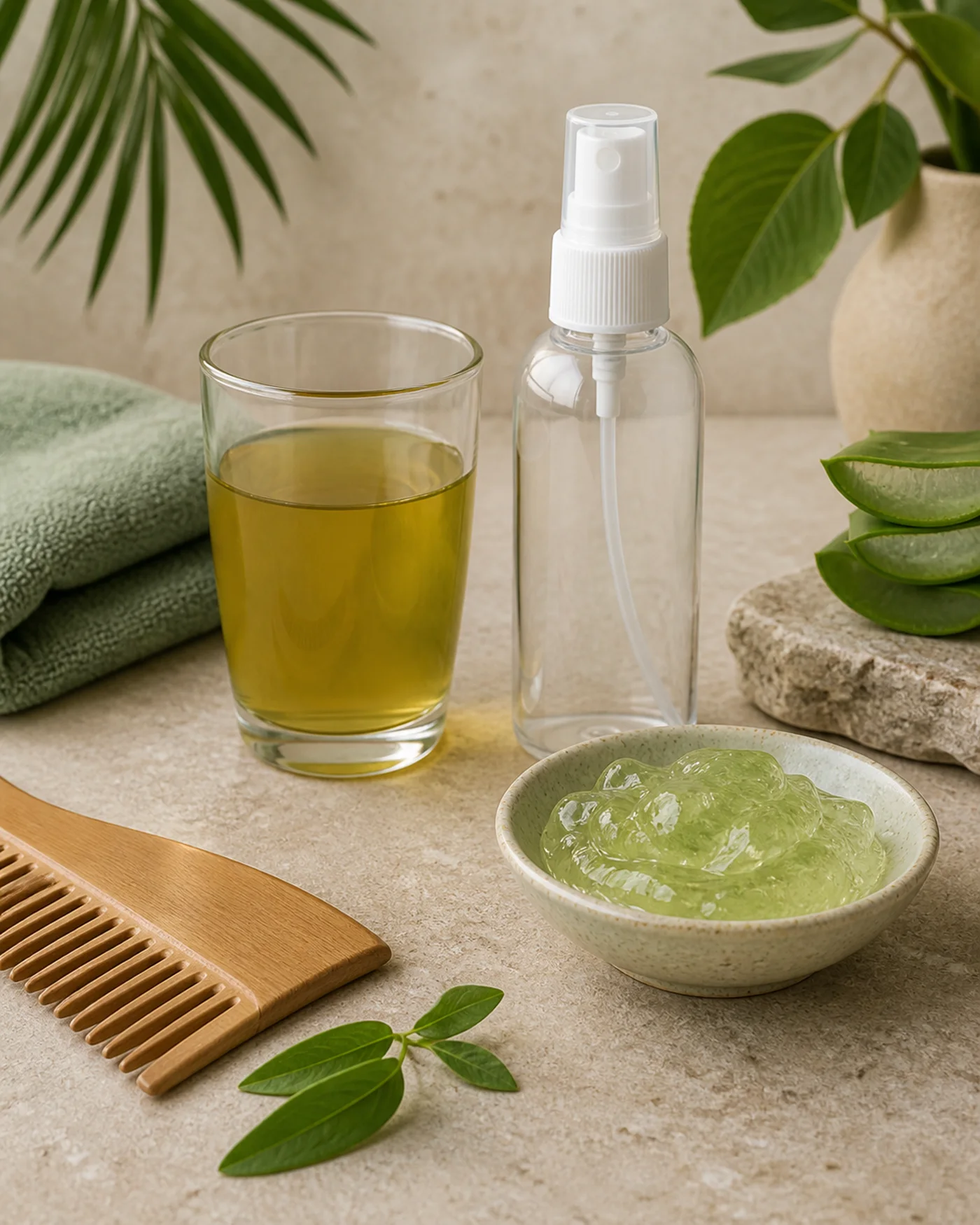 Chamomile tea aloe gel spray bottle and comb for a soft length hair rinse