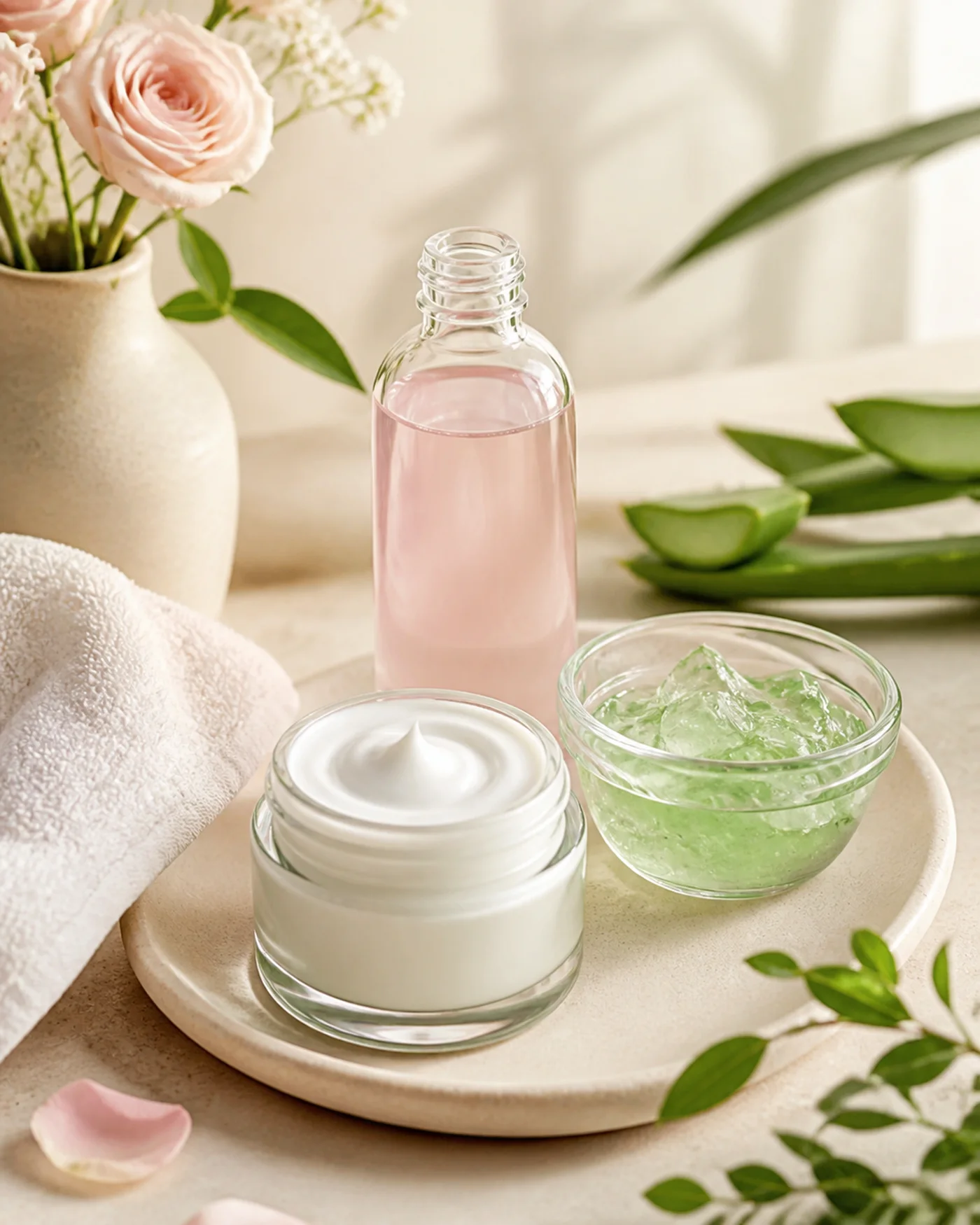 Unbranded moisturizer aloe gel rose water and towel on a beige tray