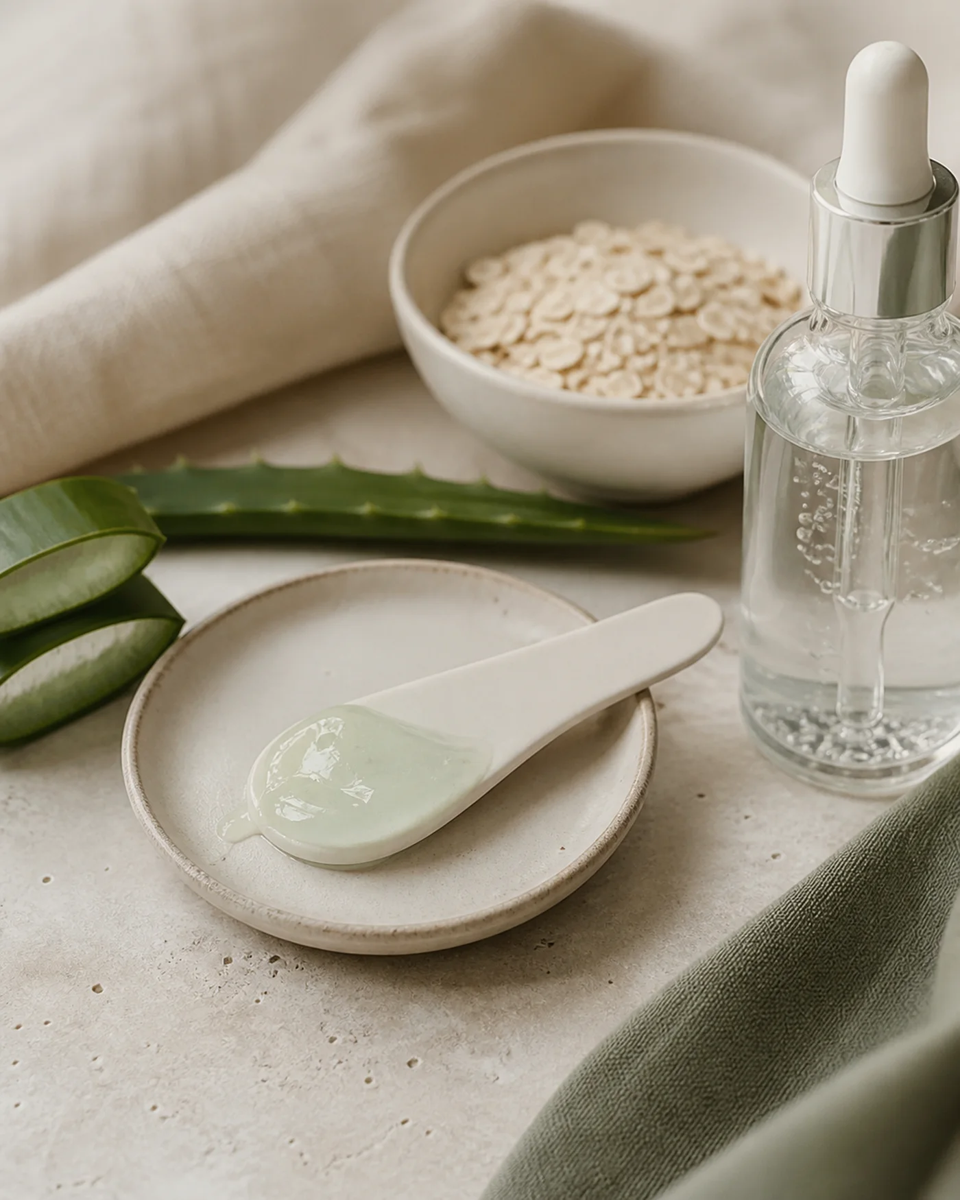 Aloe gel oats and unlabelled serum for a lightweight moisturizer routine