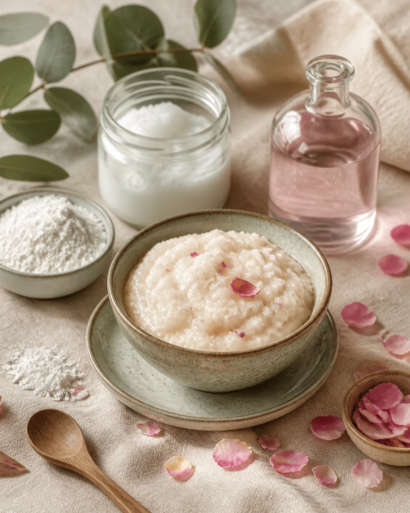 Rice flour coconut oil and rose water soft body polish in a ceramic bowl