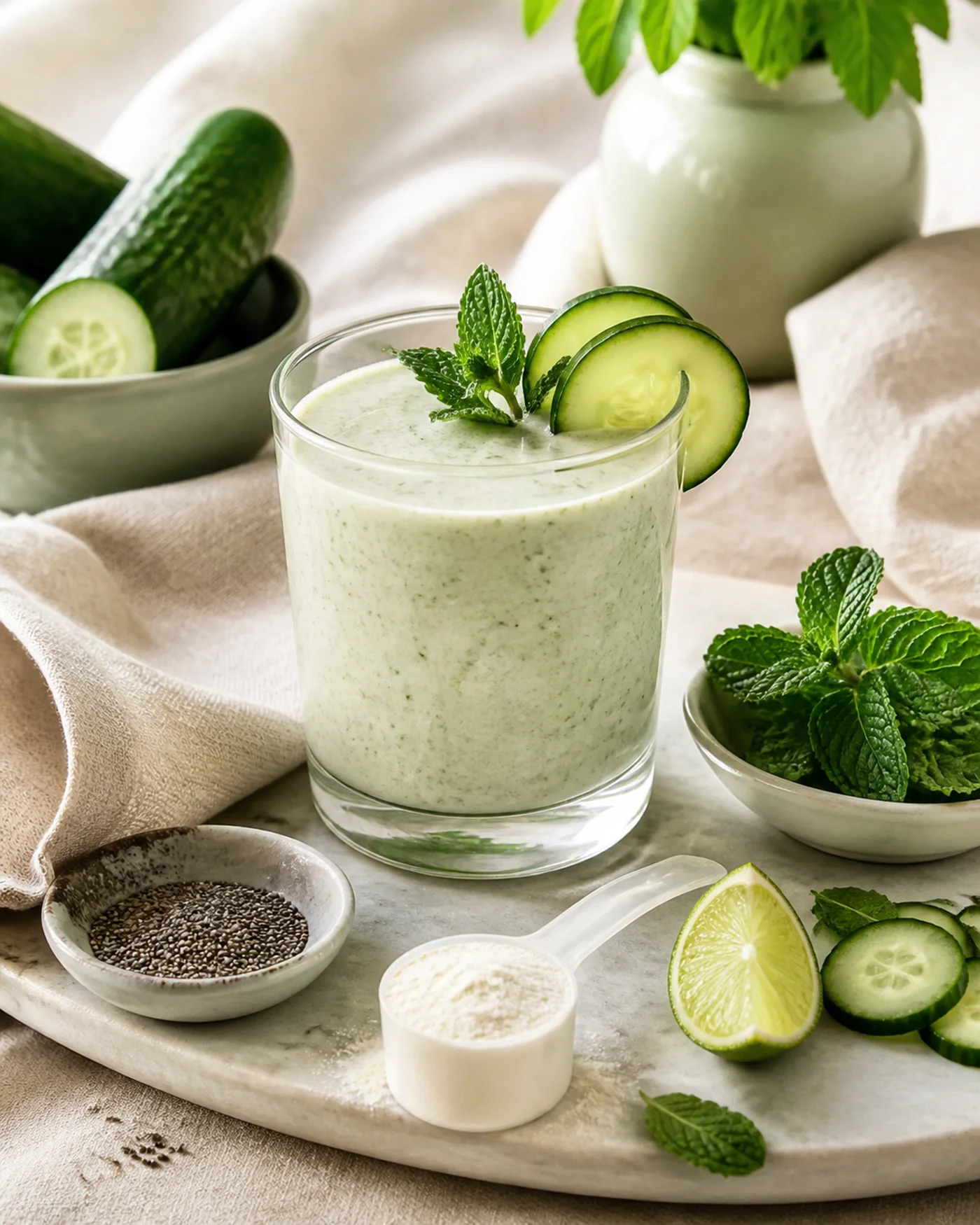 Cucumber mint collagen smoothie with lime chia seeds and collagen scoop