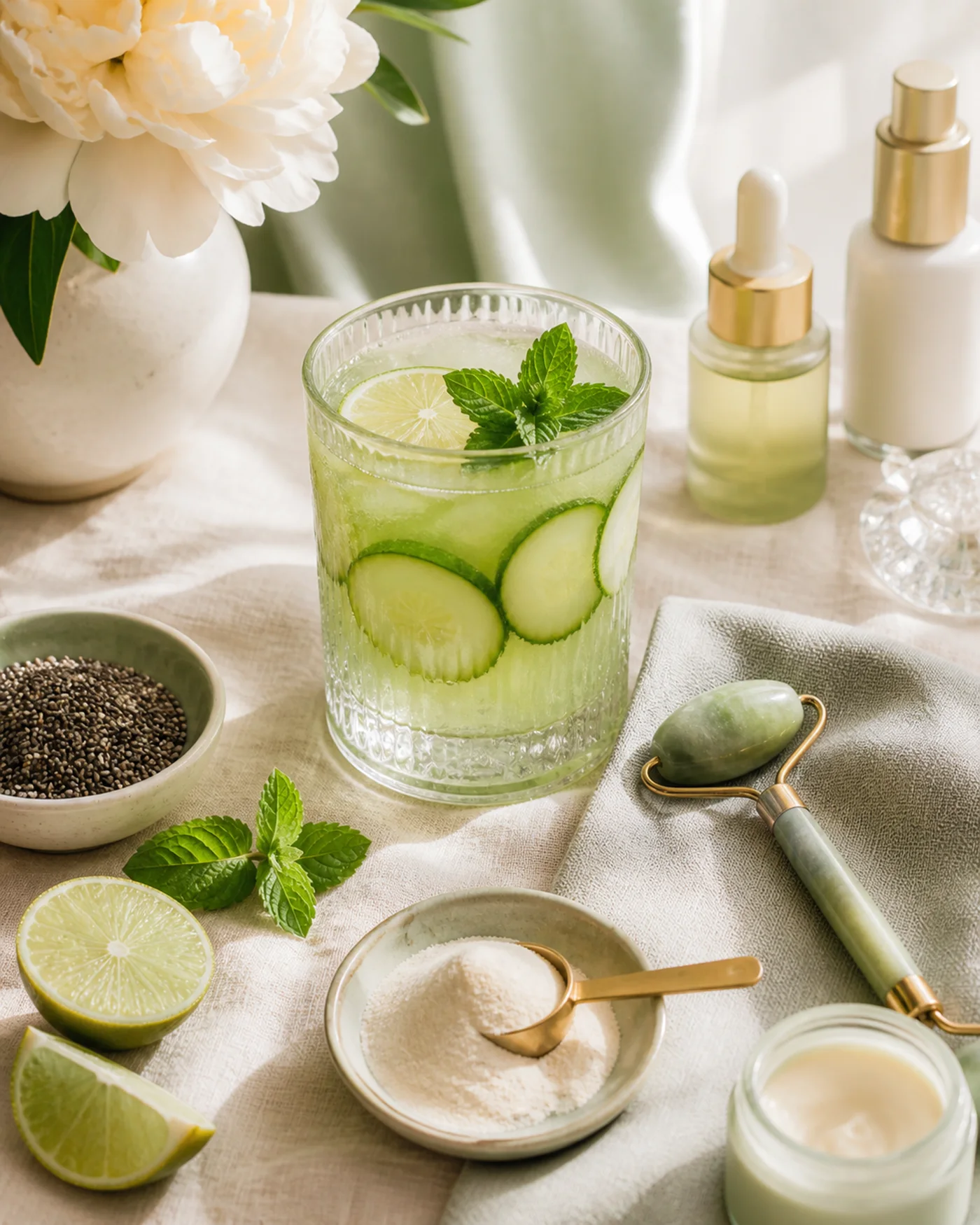 Cucumber mint beauty drink with chia collagen and unbranded skincare