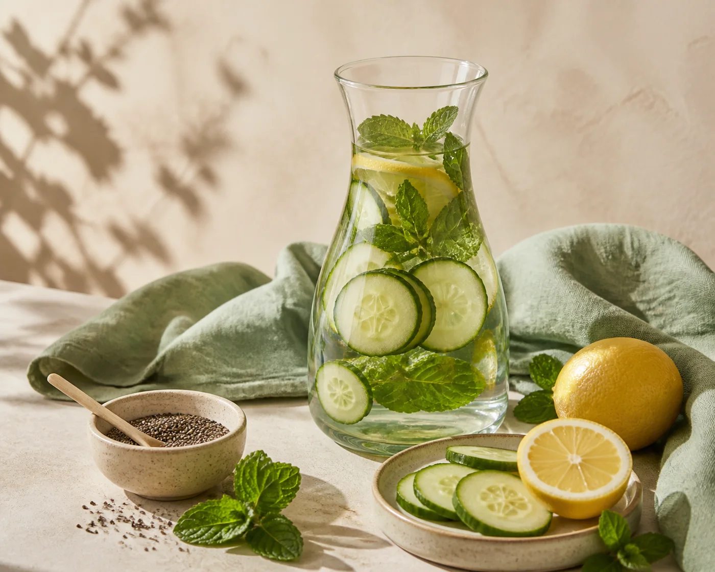 Cucumber mint lemon chia and water carafe for a morning beauty drink