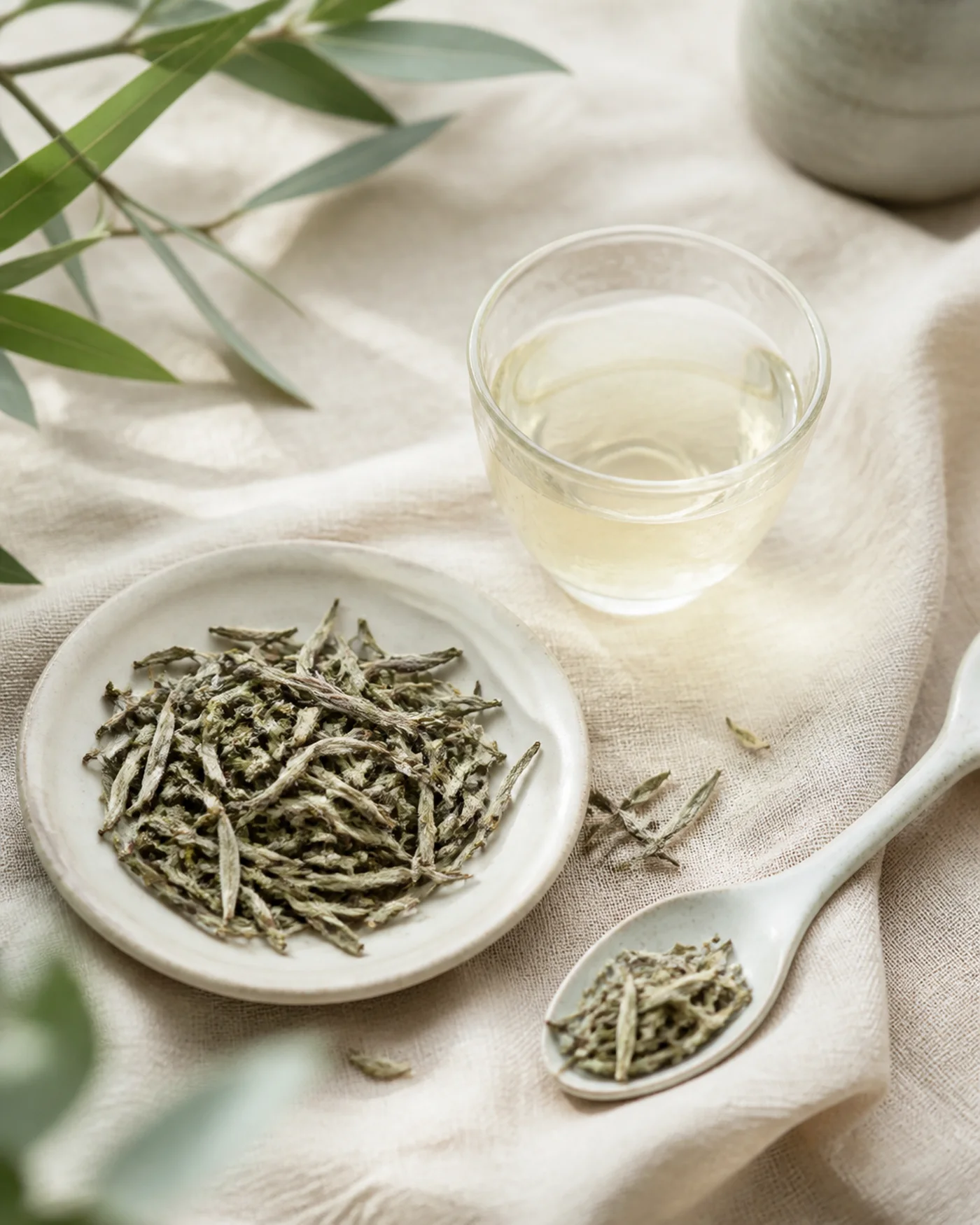 Loose white tea leaves and pale brewed white tea on beige linen