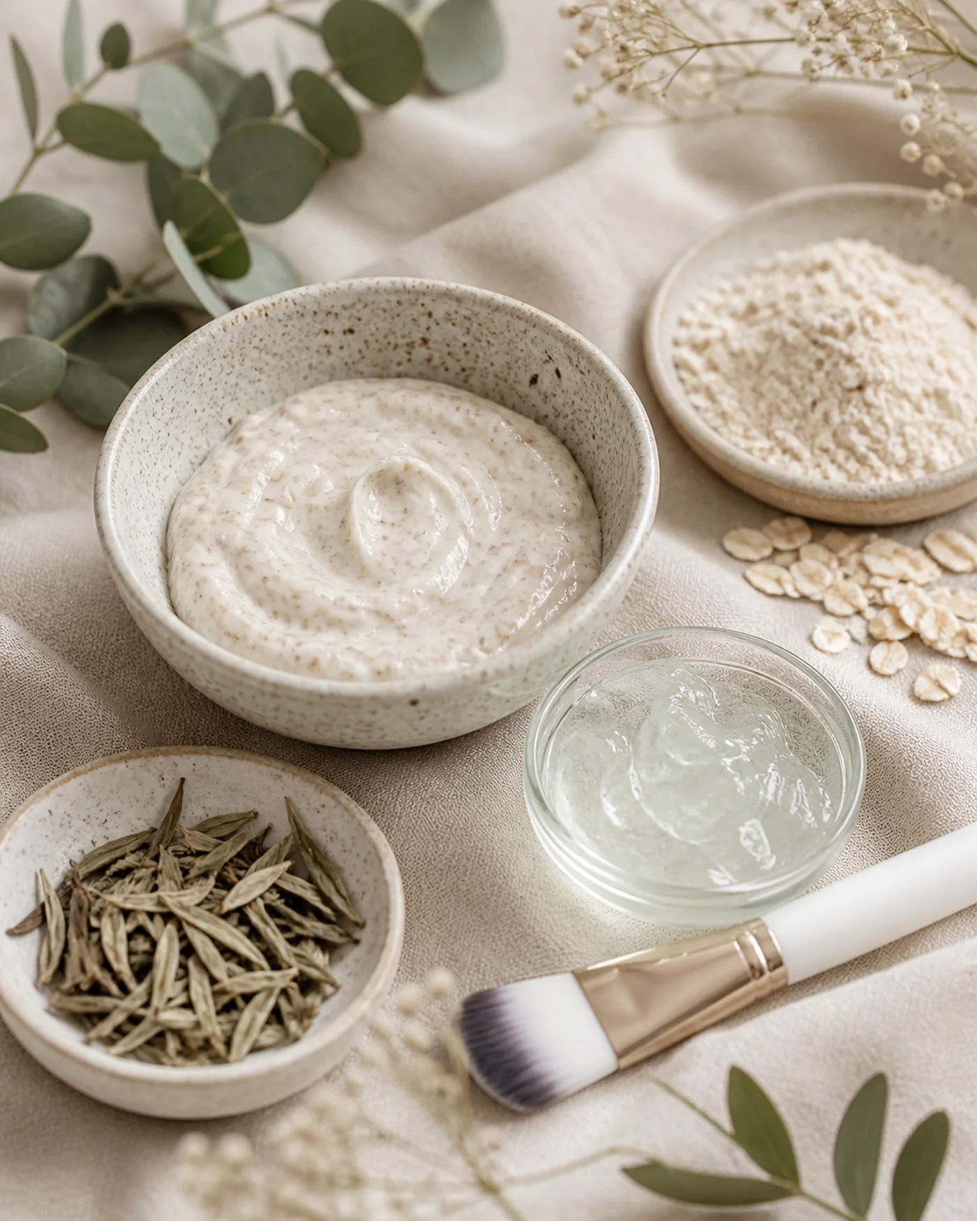 White tea leaves oat flour aloe gel and creamy face mask in ceramic bowls