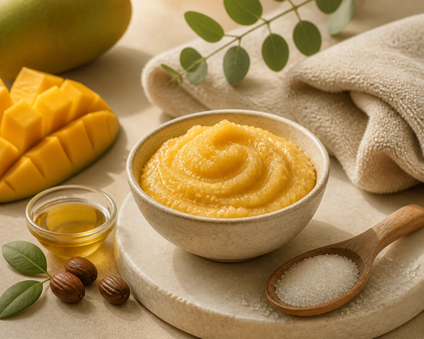 Mango butter sugar jojoba oil and creamy golden body polish in a ceramic bowl