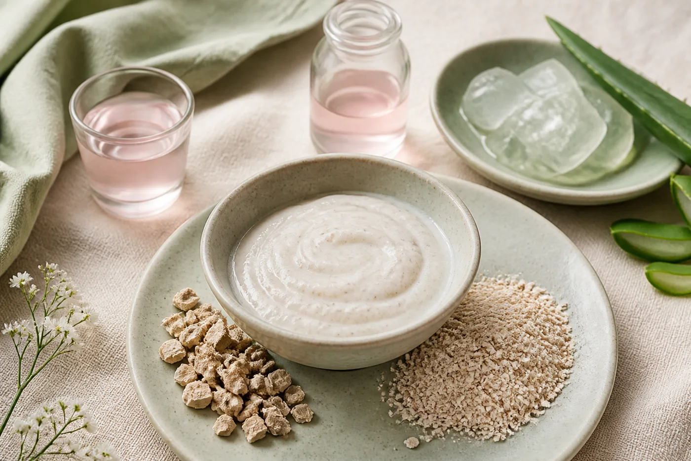Marshmallow root oats aloe gel rose water and a creamy comfort mask in ceramic bowls