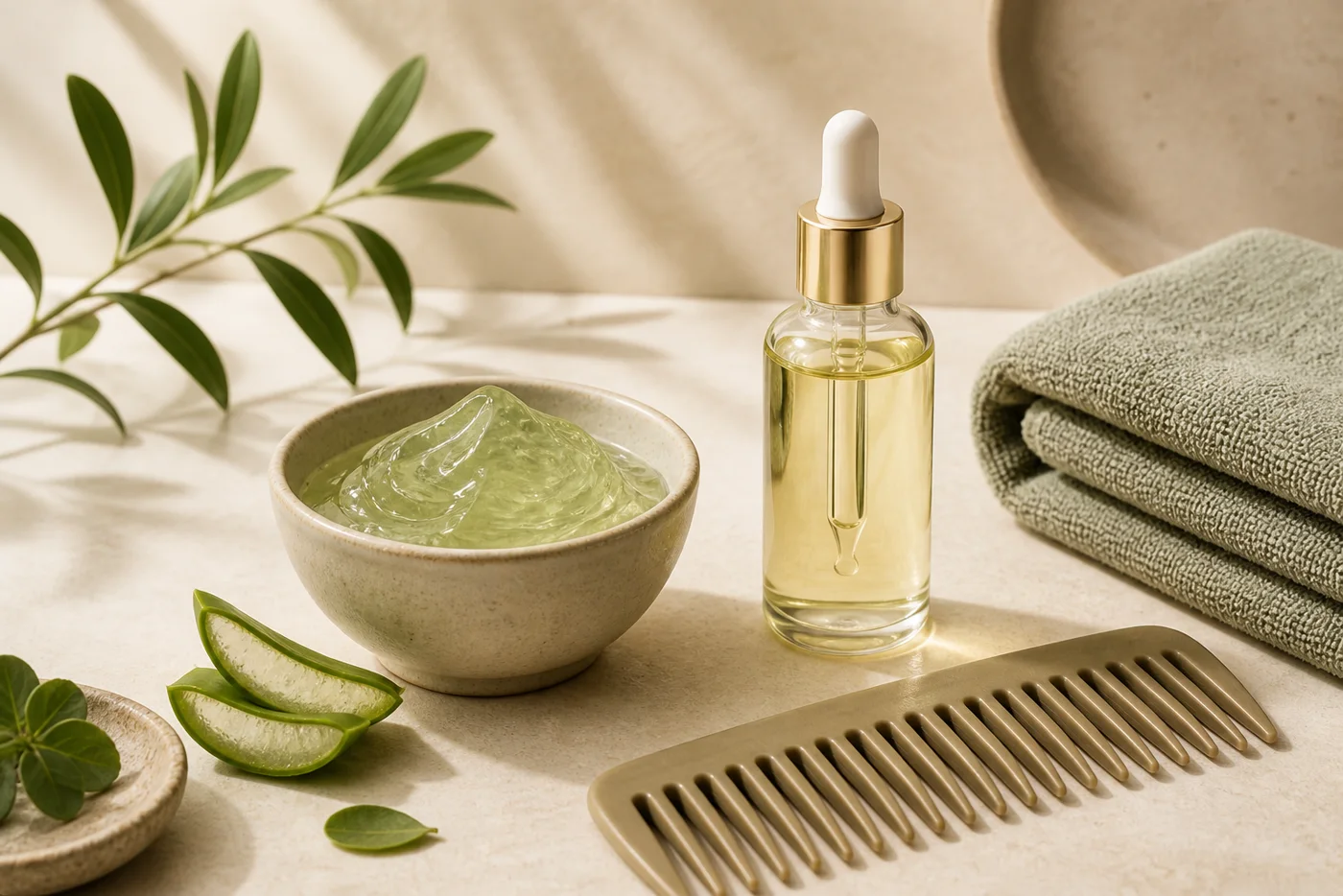 Aloe gel light hair oil towel and wide tooth comb for humidity-friendly hair care