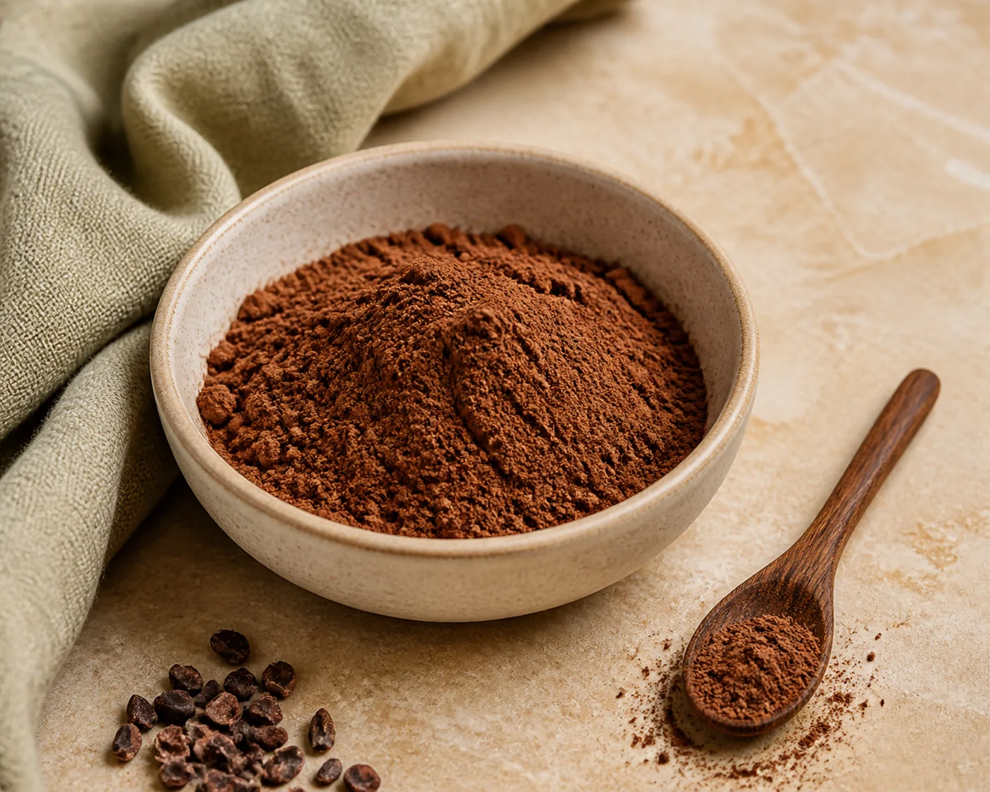 Unsweetened cacao powder in a ceramic bowl with cacao nibs