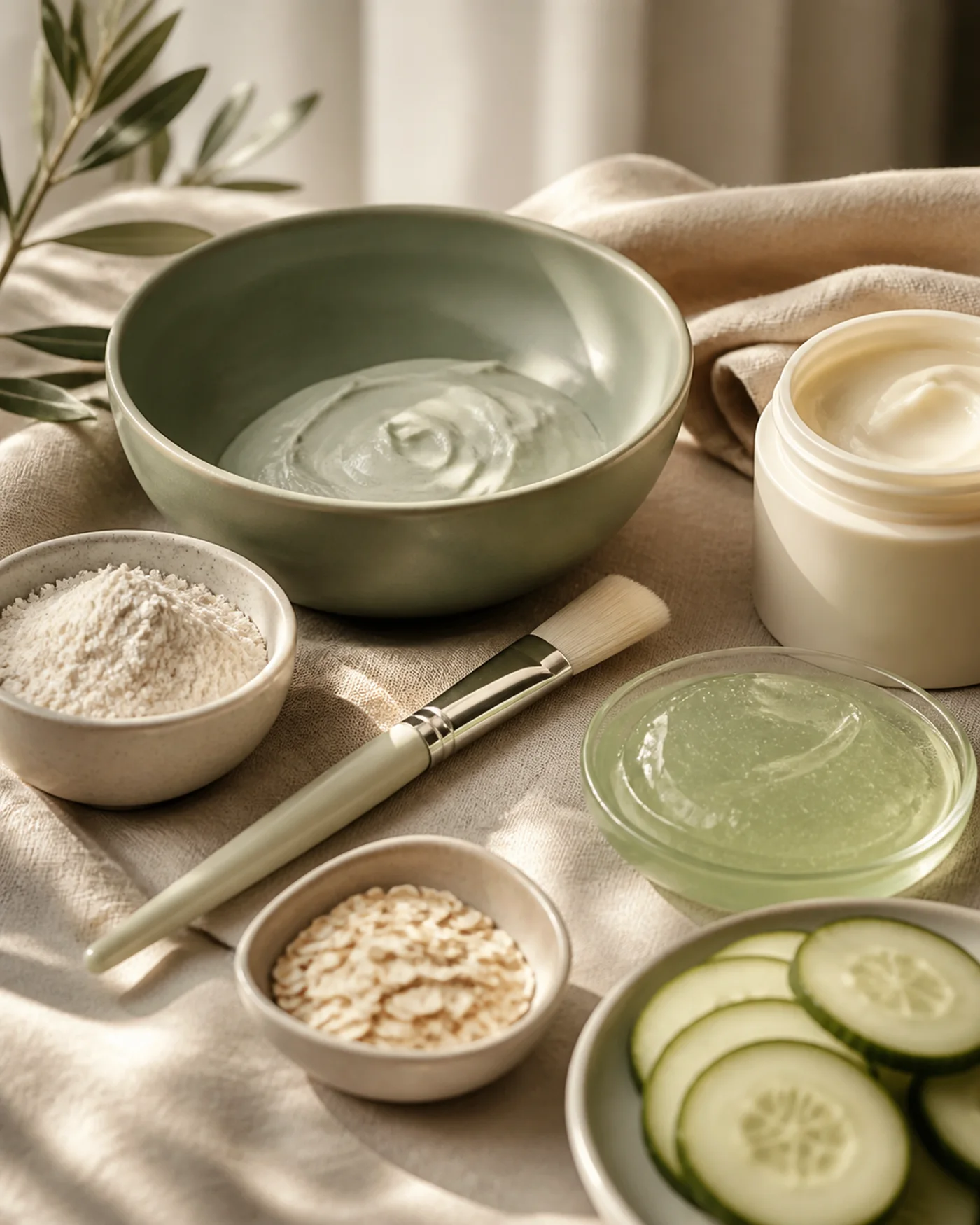 Gentle face mask ingredients with oats aloe cucumber and a soft mask brush