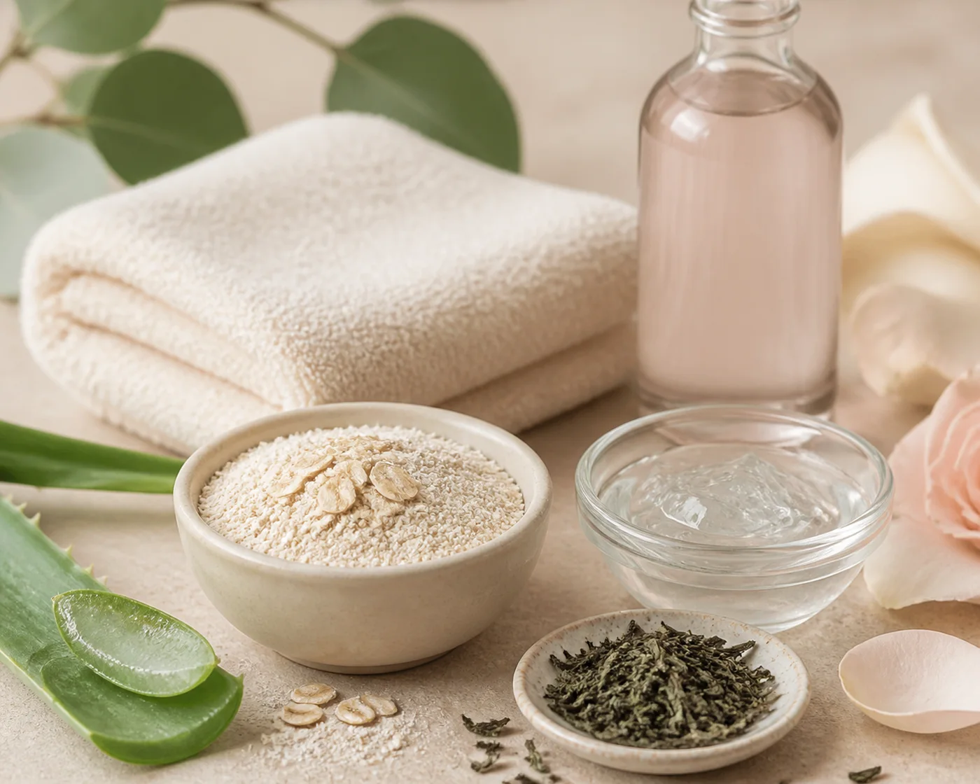 Oats aloe green tea and rose water arranged for gentle face masks