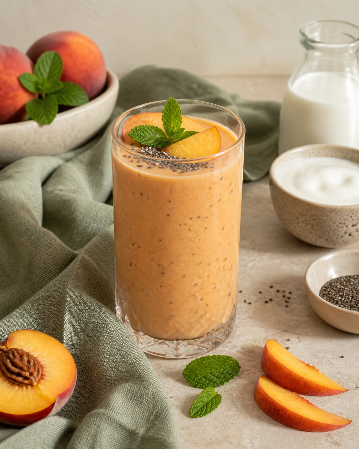 Peach mint smoothie with chia seeds on beige stone
