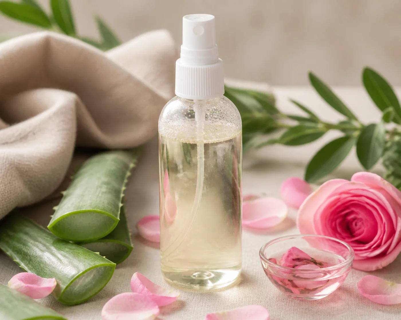 Unlabelled spray bottle with rose water and aloe for a soft hair mist