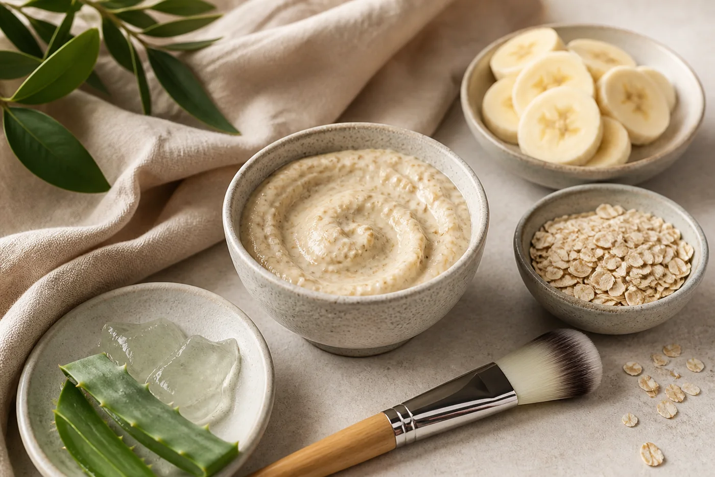 Banana oat aloe comfort face mask in a ceramic bowl with oats and mask brush