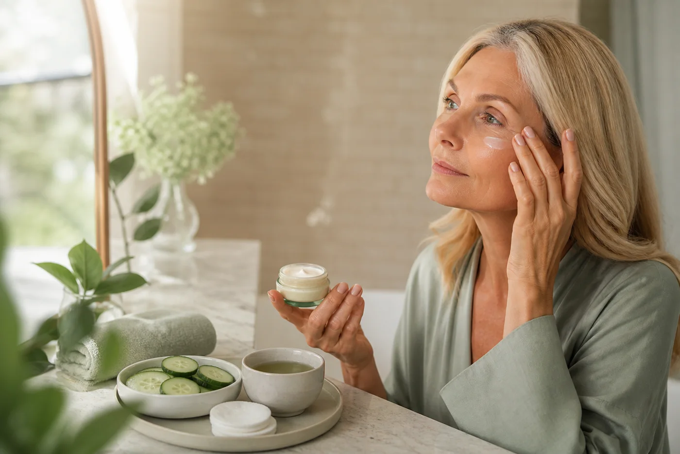 Woman after 40 applying eye cream beside cucumber green tea and cotton pads