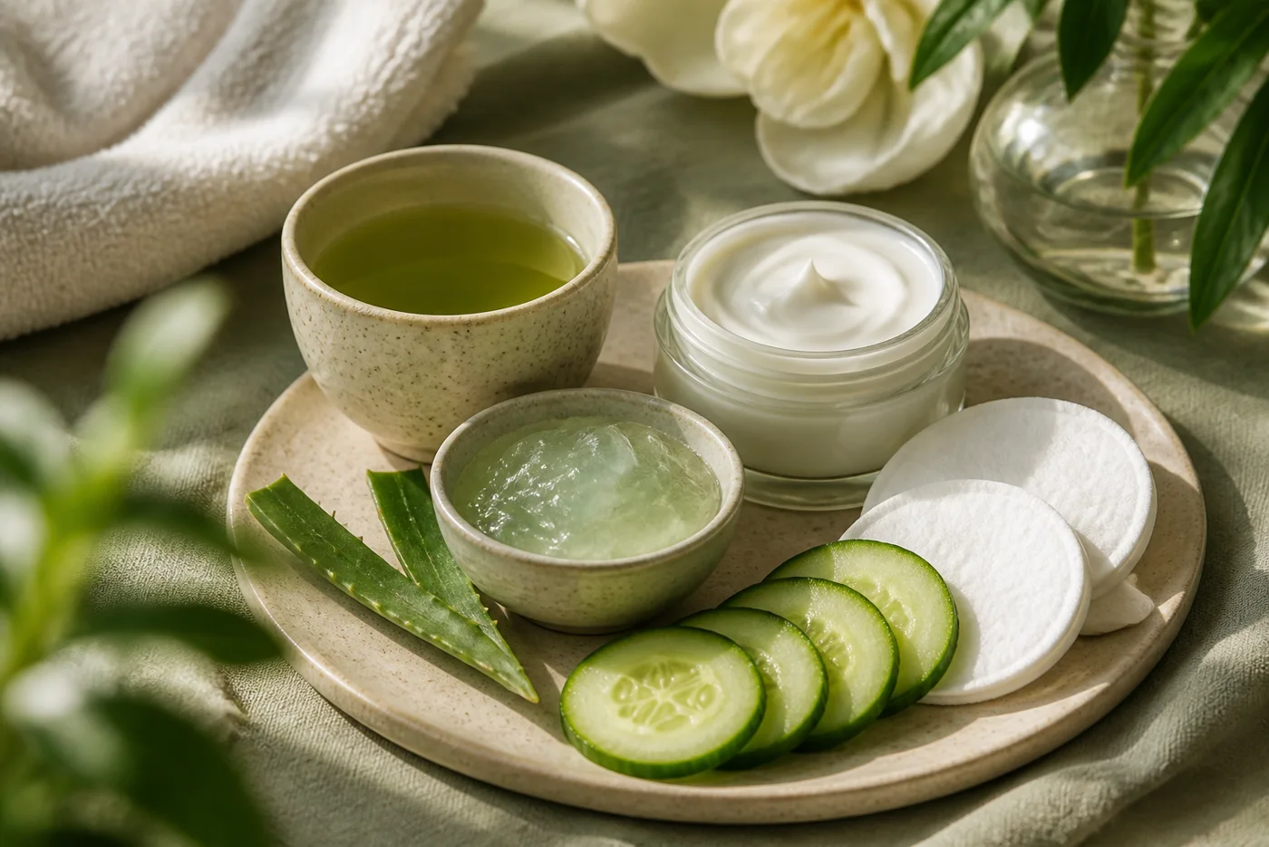 Cucumber aloe green tea cotton pads and unbranded cream for gentle eye care
