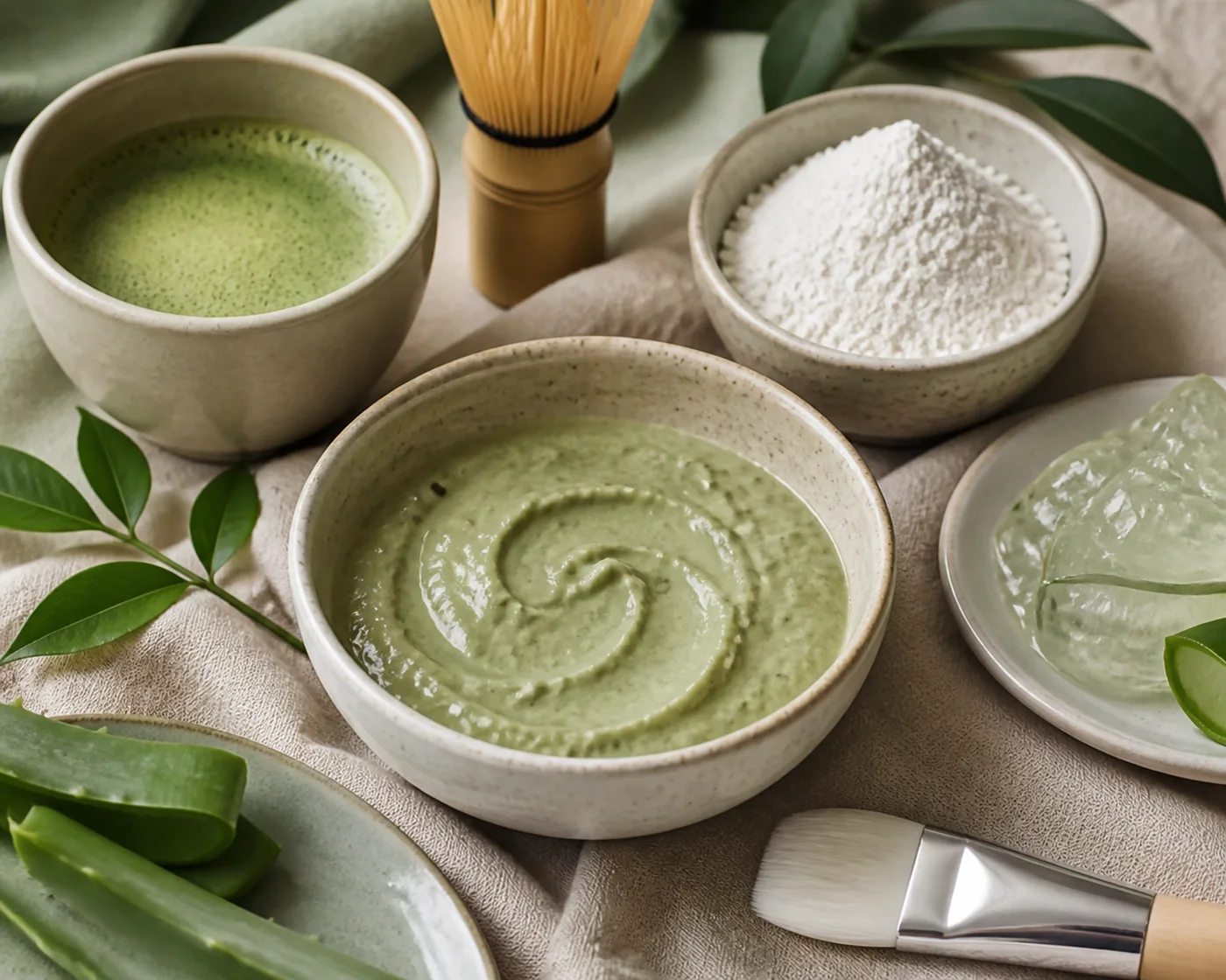 Green tea rice flour aloe calm face mask in ceramic bowls with mask brush