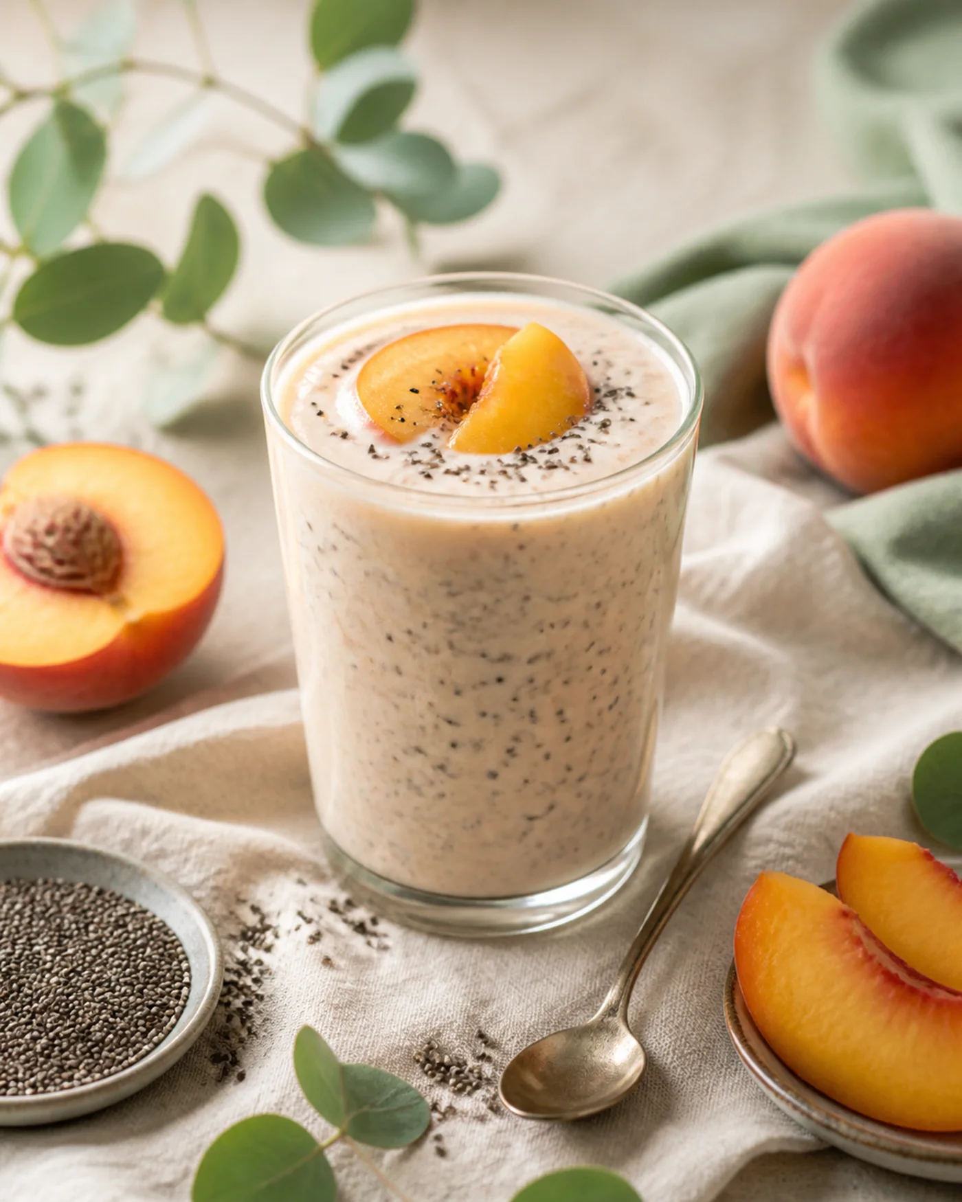 Peach kefir chia soft glow smoothie in a glass with peach slices and chia seeds