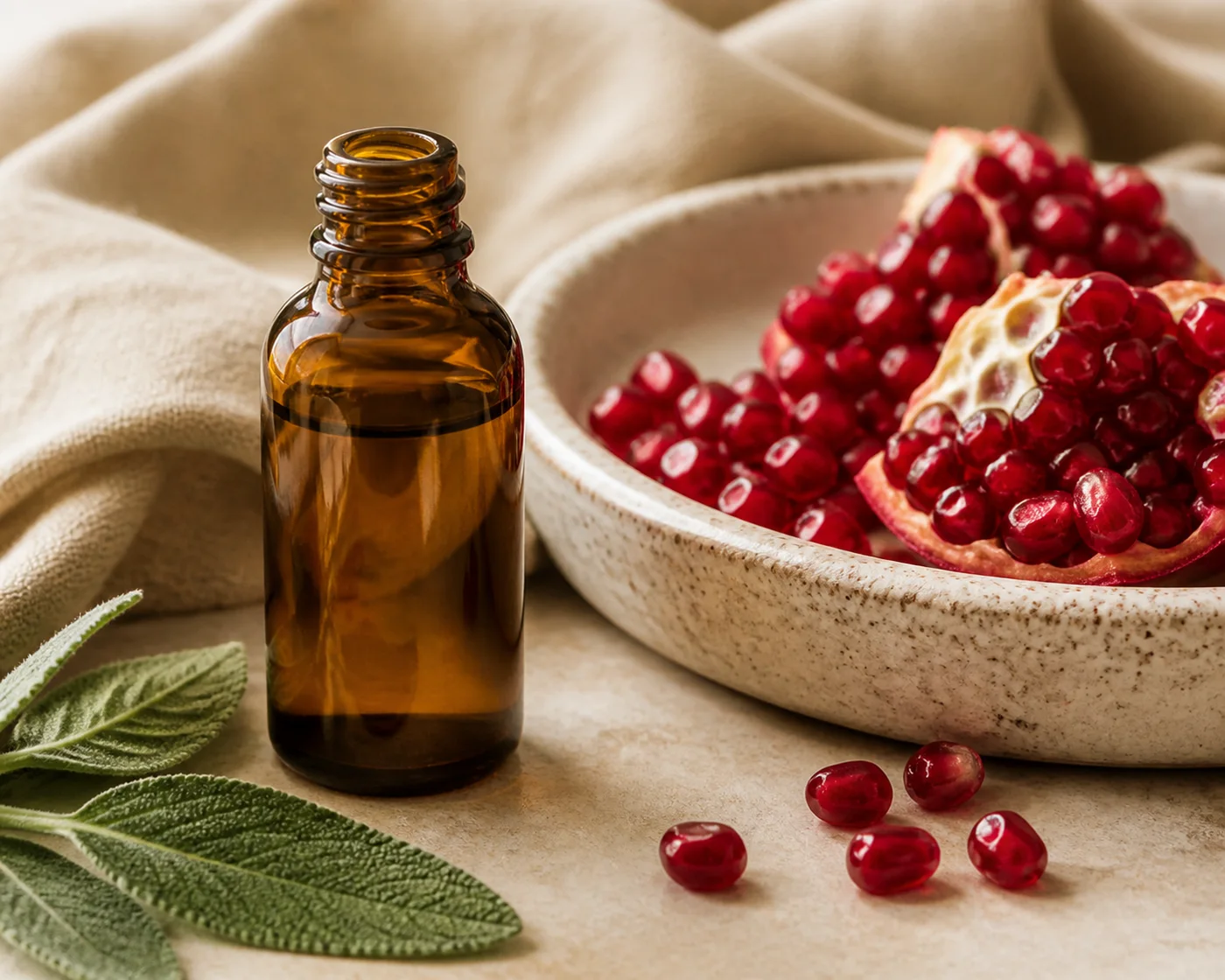Pomegranate seed oil in amber bottle with pomegranate seeds