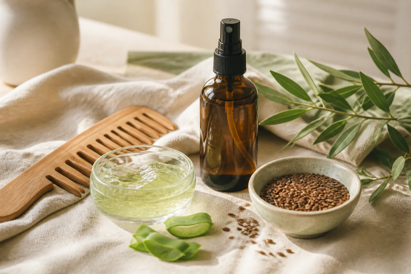 Aloe flaxseed gel spray bottle and comb for a gentle summer hair ritual