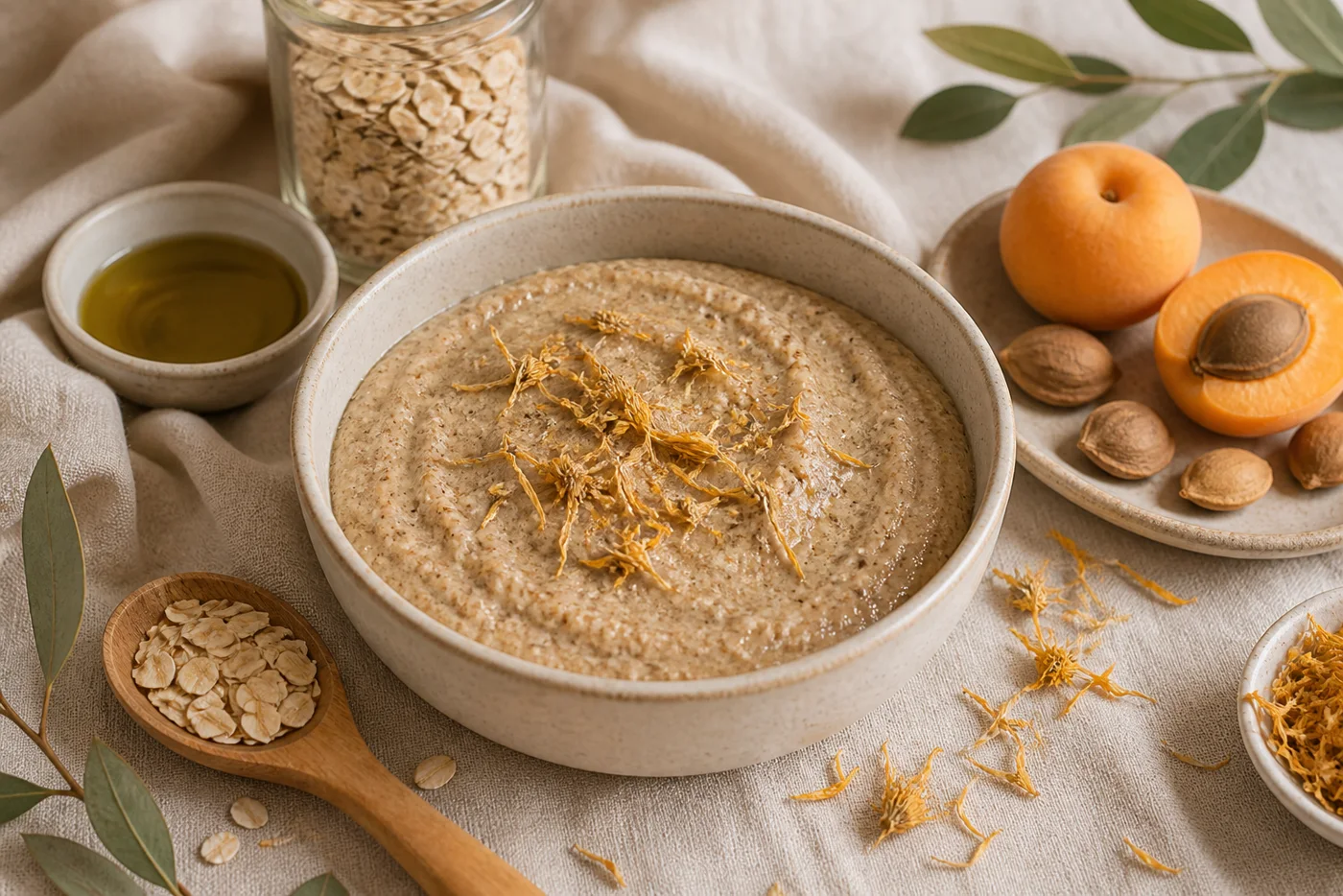 Apricot kernel oat soft body polish in a ceramic bowl with jojoba oil and calendula